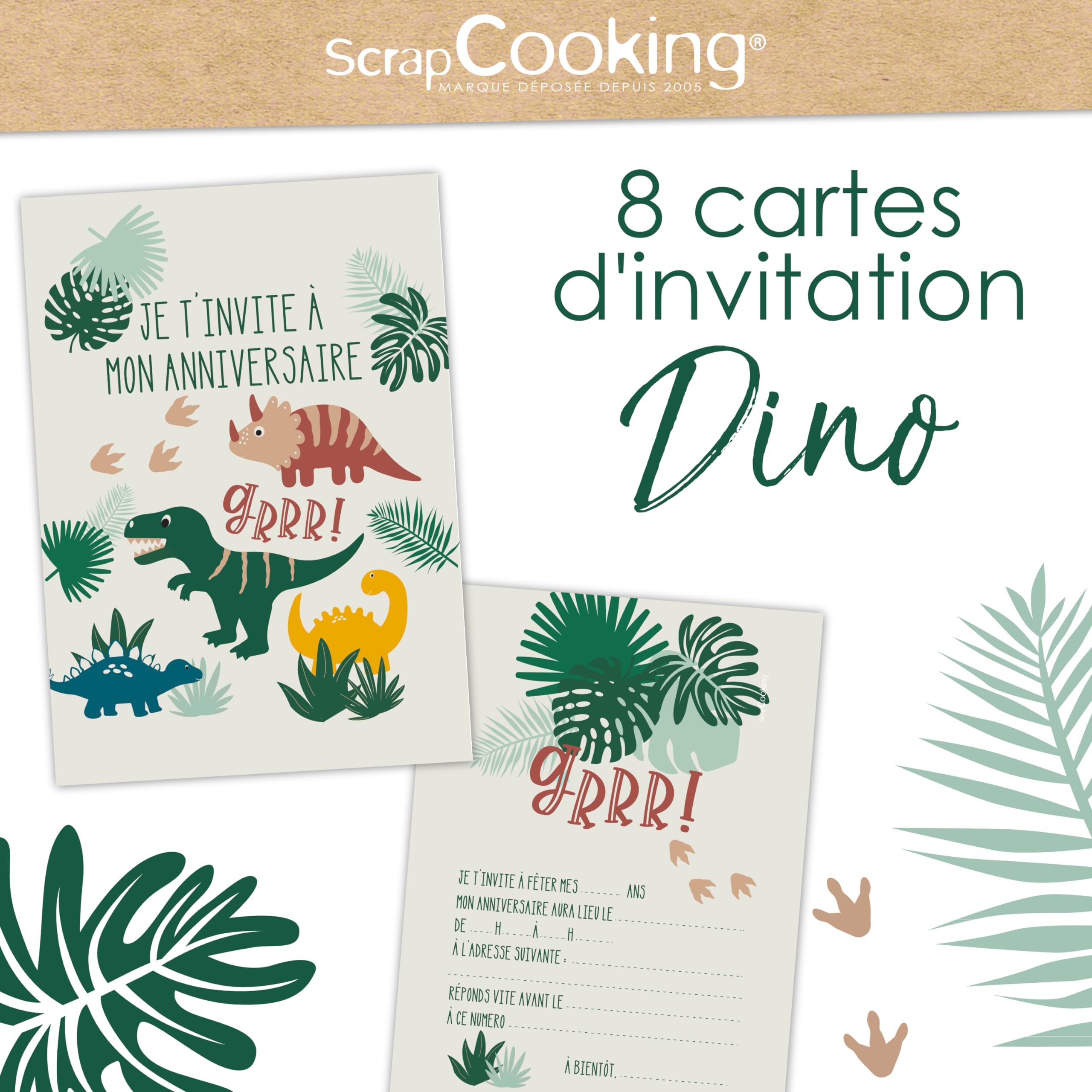 10 cartes invitation anniversaire • 10 enveloppes • Thème Dinosaures, Gâteau, Bougie • Pour inviter filles et garçons • Lola et Louis