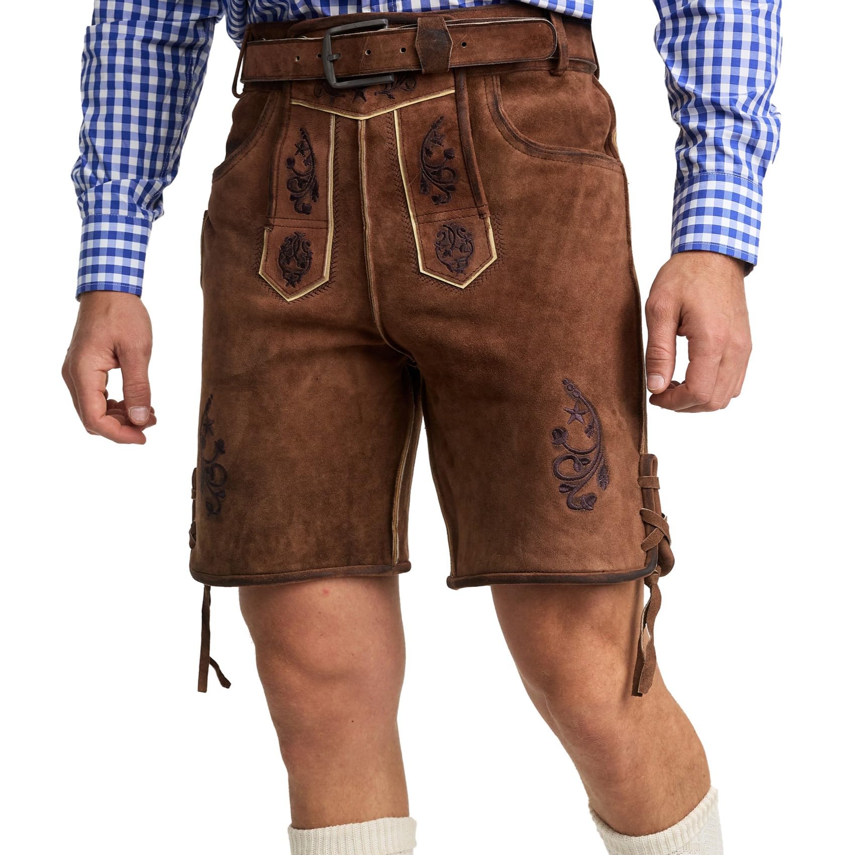STEIGENHÖFER Vintage Trachten Lederhose für Herren im Antik-Look mit passendem Gürtel, echtes Premium Ziegenleder, Gr. 46-62