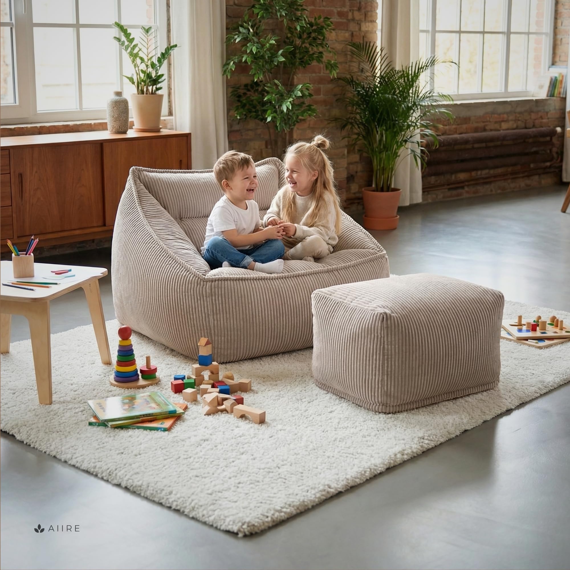 Aiire Sillón Puff con Relleno Incluido - Puf Salon, Dormitorio y Habitación Juvenil Moderno - Funda en Pana Premium Desenfundable y Lavable - Puff Reposapiés Rectangular [50x40x30]