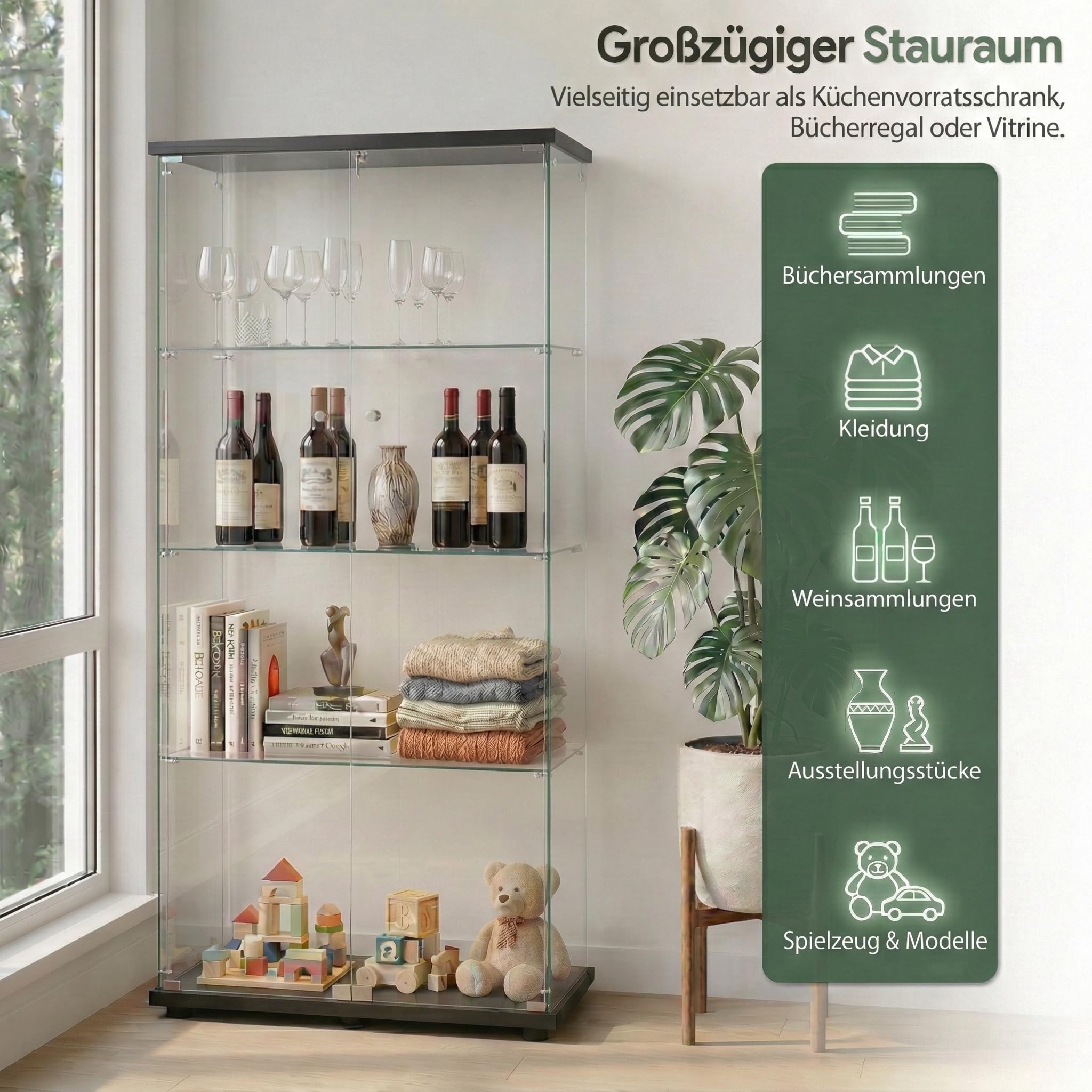 Vitrina de cristal, 80,6 x 36,5 x 164,5 cm, moderno, de cristal, con 2 puertas de cristal y 4 estantes de cristal, adecuado para salón, dormitorio, oficina, color negro