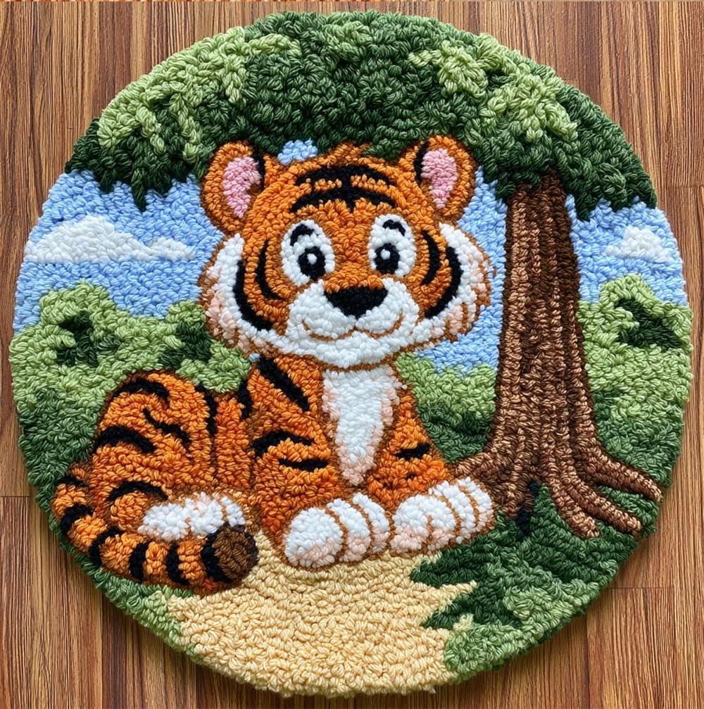 kitphoenix DIY Latch Hook Rug Kit with Printed Canvas Tiger Under The Tree 20X20Inch (50X50Cm) Floor Mat Crochet Yarn Embroidery Hook and Latch Carpet Tapestry for Home Decoration - Adults