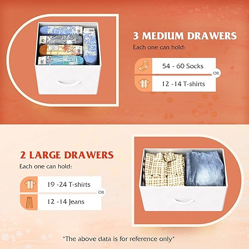 Miniatura 5 de WLIVE Cómoda blanca para dormitorio con 5 cajones, cómoda de tela con organizadores de cajones, unidad organizadora de almacenamiento para pasillo,