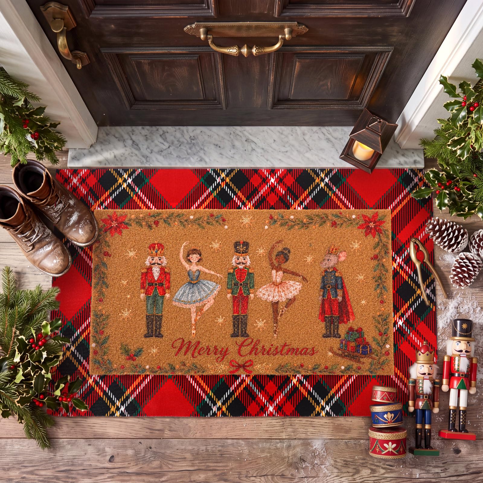 Dunzy 2 Pcs Christmas Nutcracker Mats Red Plaid Non Slip 23x35 16x27