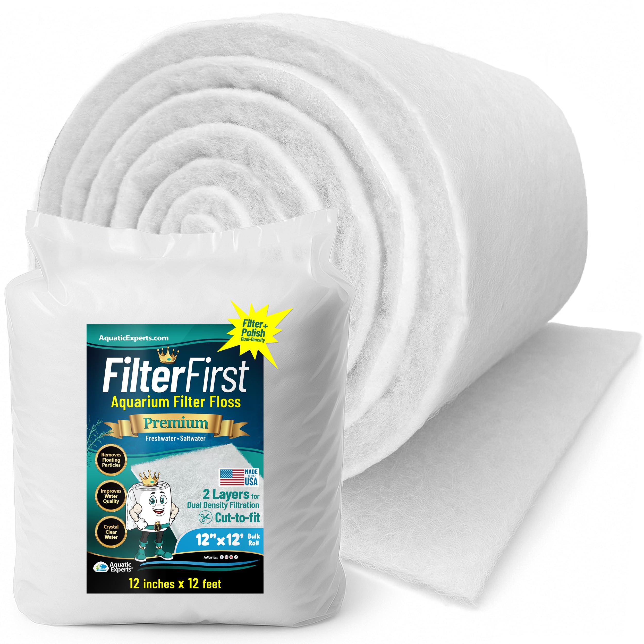 Aquatic Experts Aquarium Filter Floss for Fish Tank Filters - FilterFirst Aquarium Filter Pad - Media Roll for Crystal Clear Water, 3/4" - 1" Thick (12 Inch Wide, 12 Feet Long)