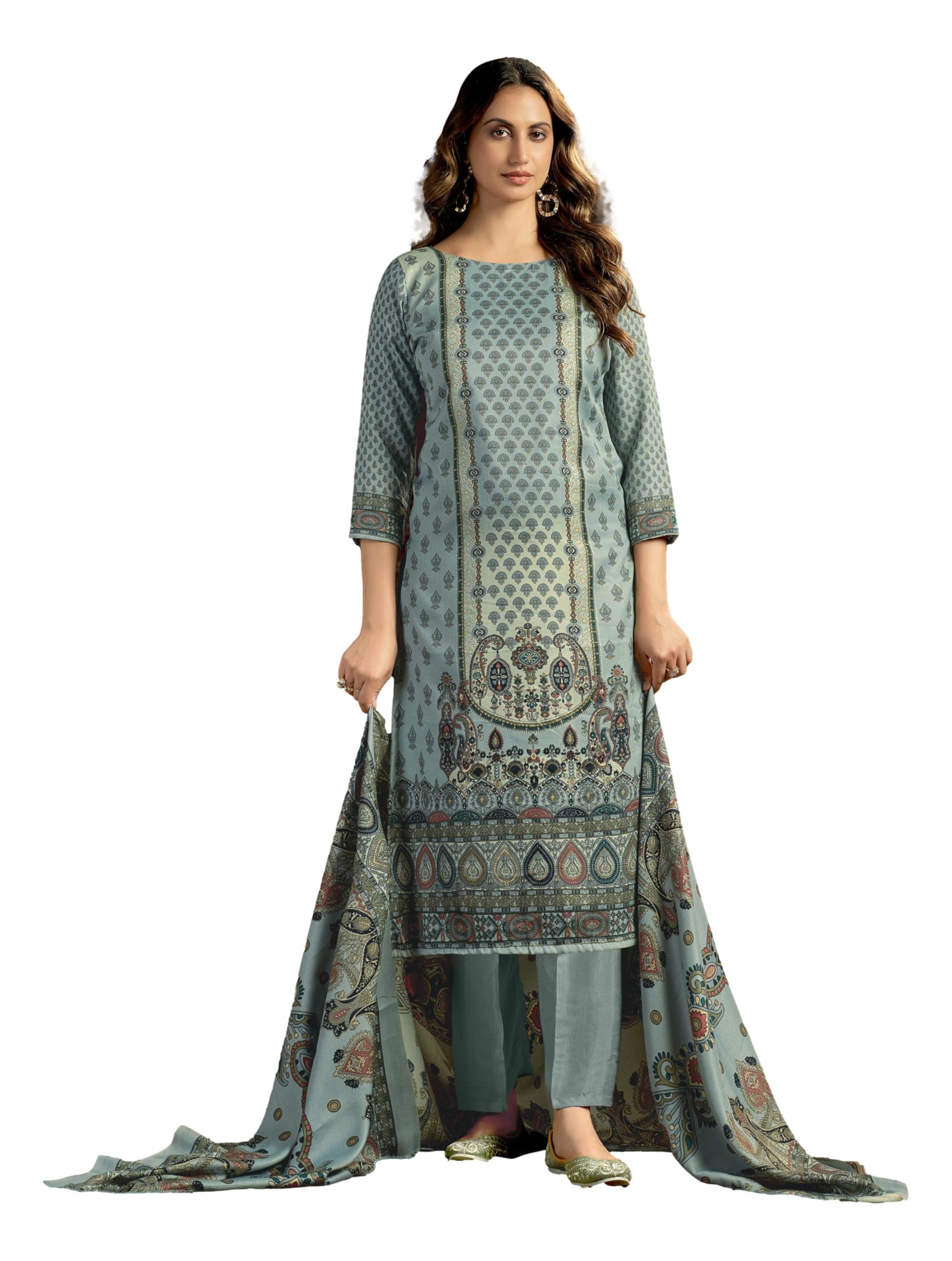 Spun Wool Digital Printed Pashmina Salwar suit for Women with Shawl for Winter wear (TISHA1007_Woolen_Light Blue_Dress Material)-image-41