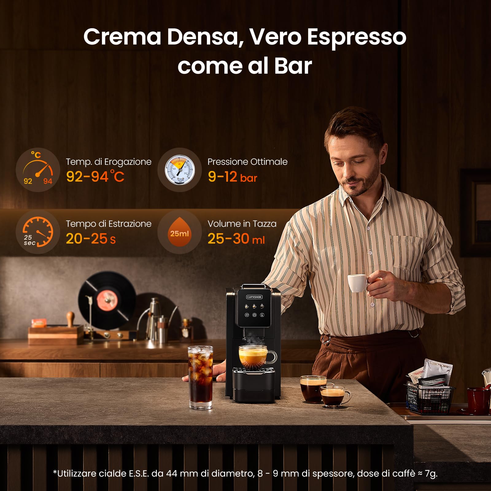 Casabar1 Macchina da Caffè per Cialde E.S.E. 44mm, Touchscreen, 4 Bevande | Pompa Italiana 19 Bar, Pre-infusione, Temp. e Quantità Regolabili, Bypass Americano, Macchina Espresso per Casa e Ufficio
