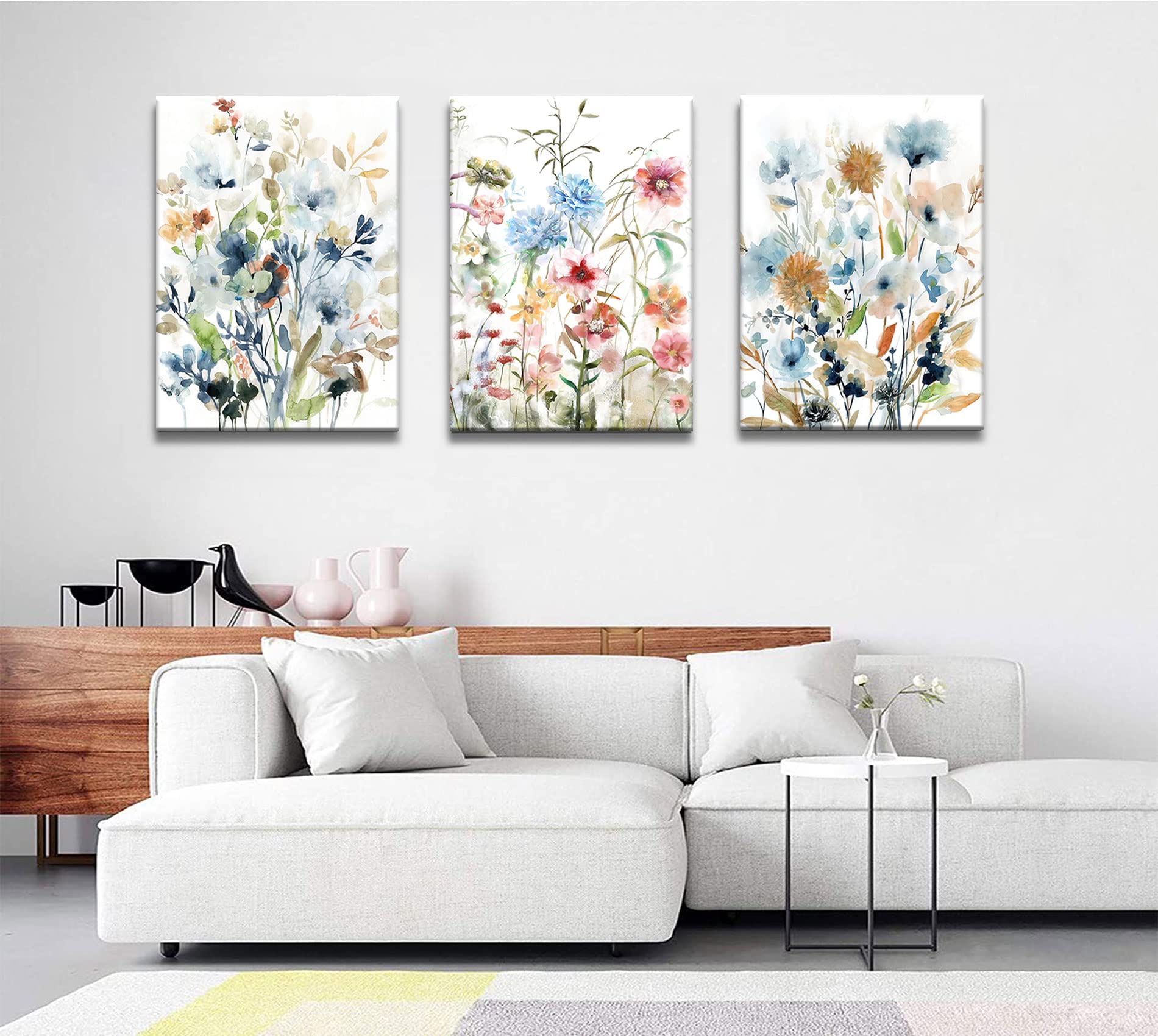 3-Pieces Set Framed Watercolor Daisy Flower Canvas Wall Art Colorful Plant Decor Girls Pink Wildflower Pictures Green Leaves Rustic Art Purple Printing Farmhouse decor Living Room Bedroom Bathroom