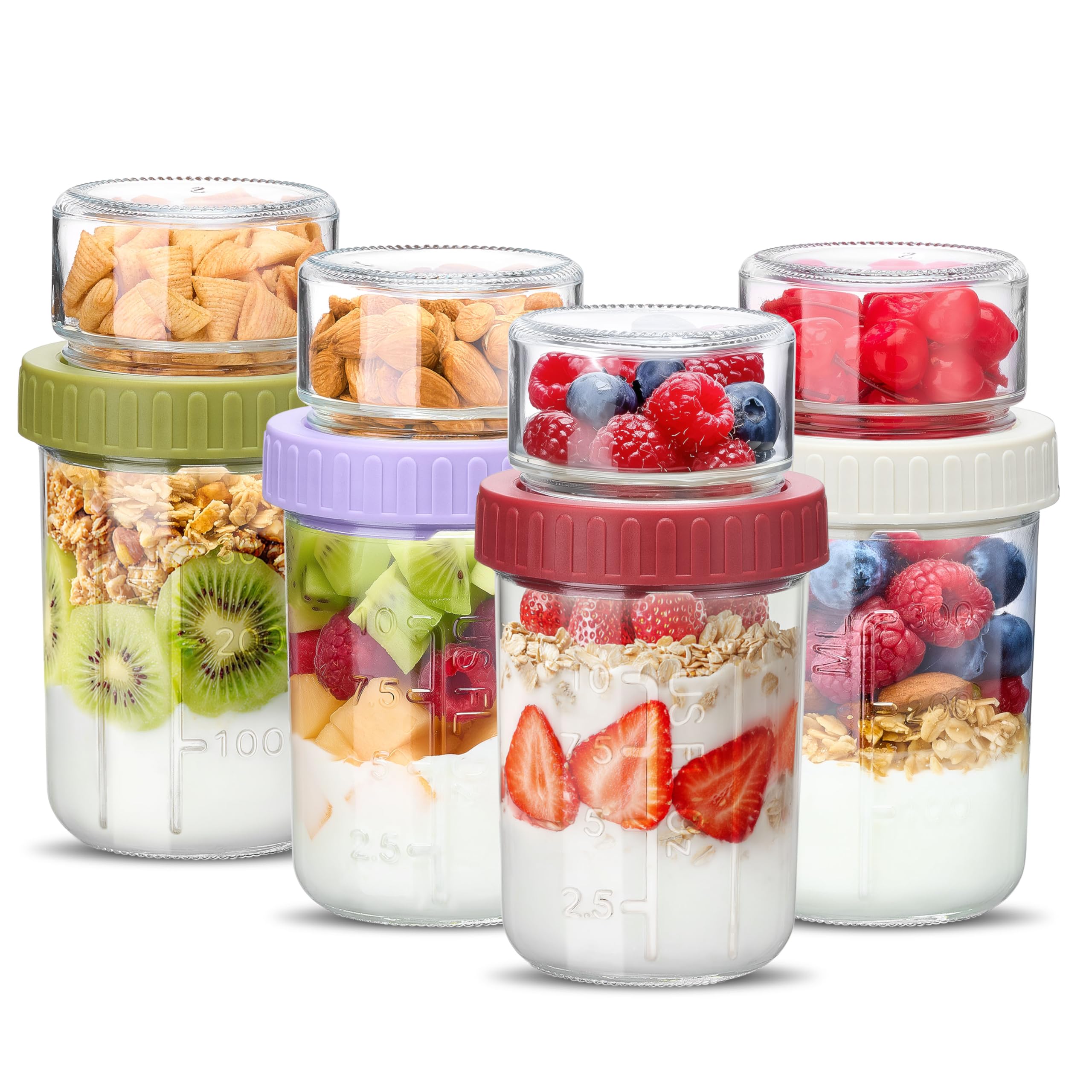 Danmu Art Glass Overnight Oats Jars with Lids, 480+150ml 4 Pack Dual-Layer Meal Prep Containers, Dry-Wet Separation Breakfast Pots for Yoghurt Parfait Chia Pudding Cereal, Mason Jar for Snacks Lunch — image 1