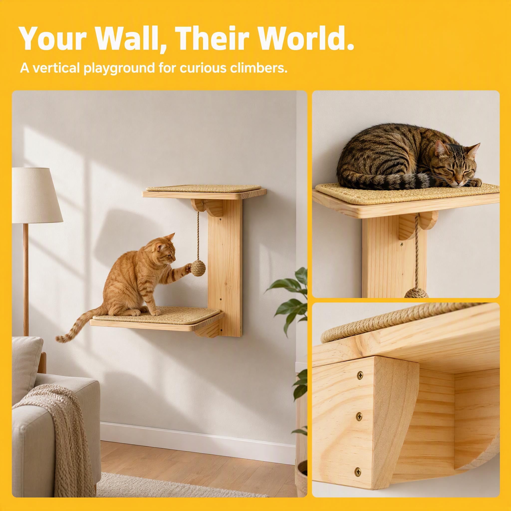 Kletterwand Katze Holz mit Integriertem Sisalball & 2 Plattformen
