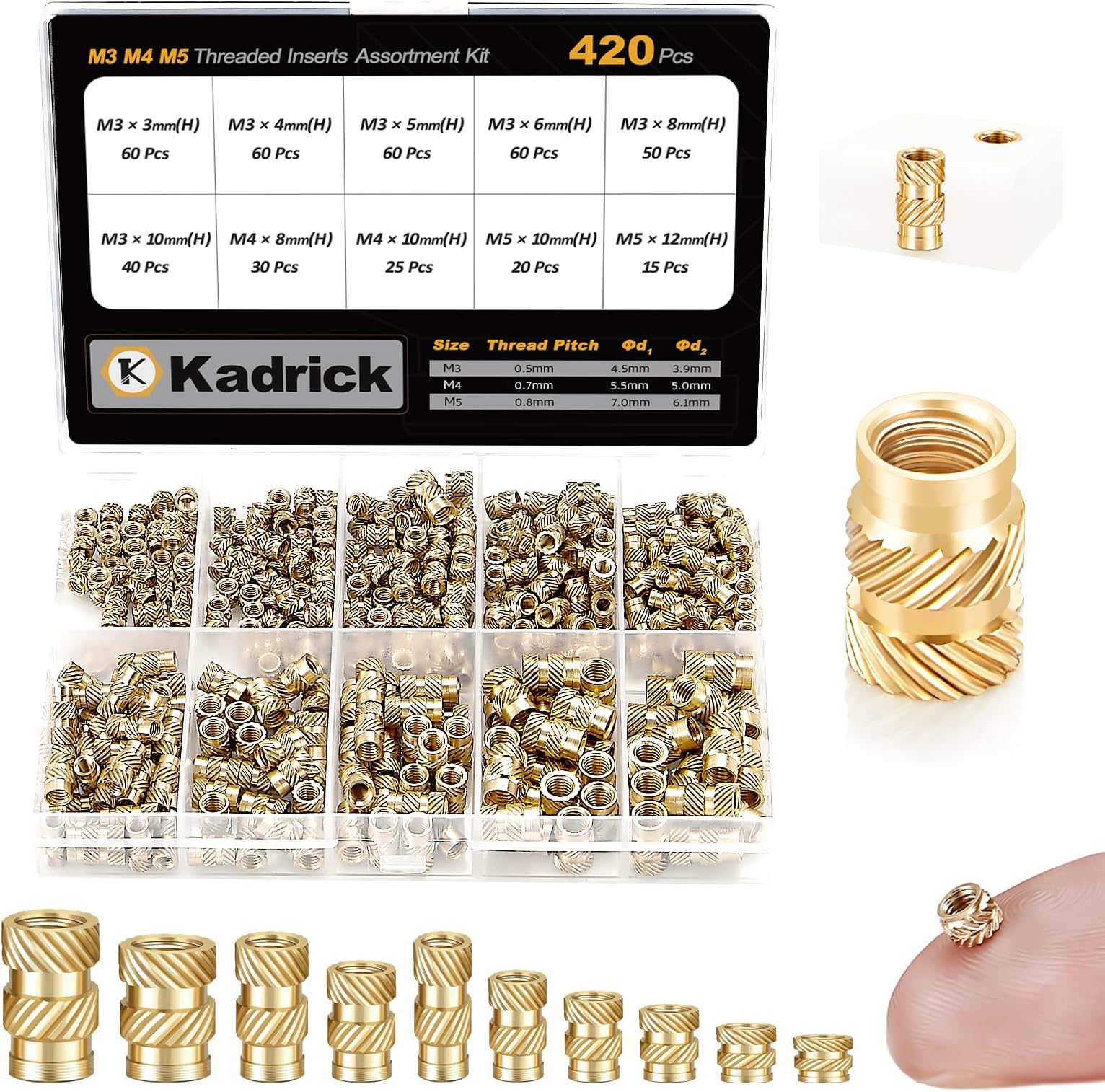 Kadrick 420Pcs M3 M4 M5 Threaded Inserts Assortment Kit for 3D Printing Components, Metric Brass Knurled Nuts, Insert by Heat into Plastic Parts