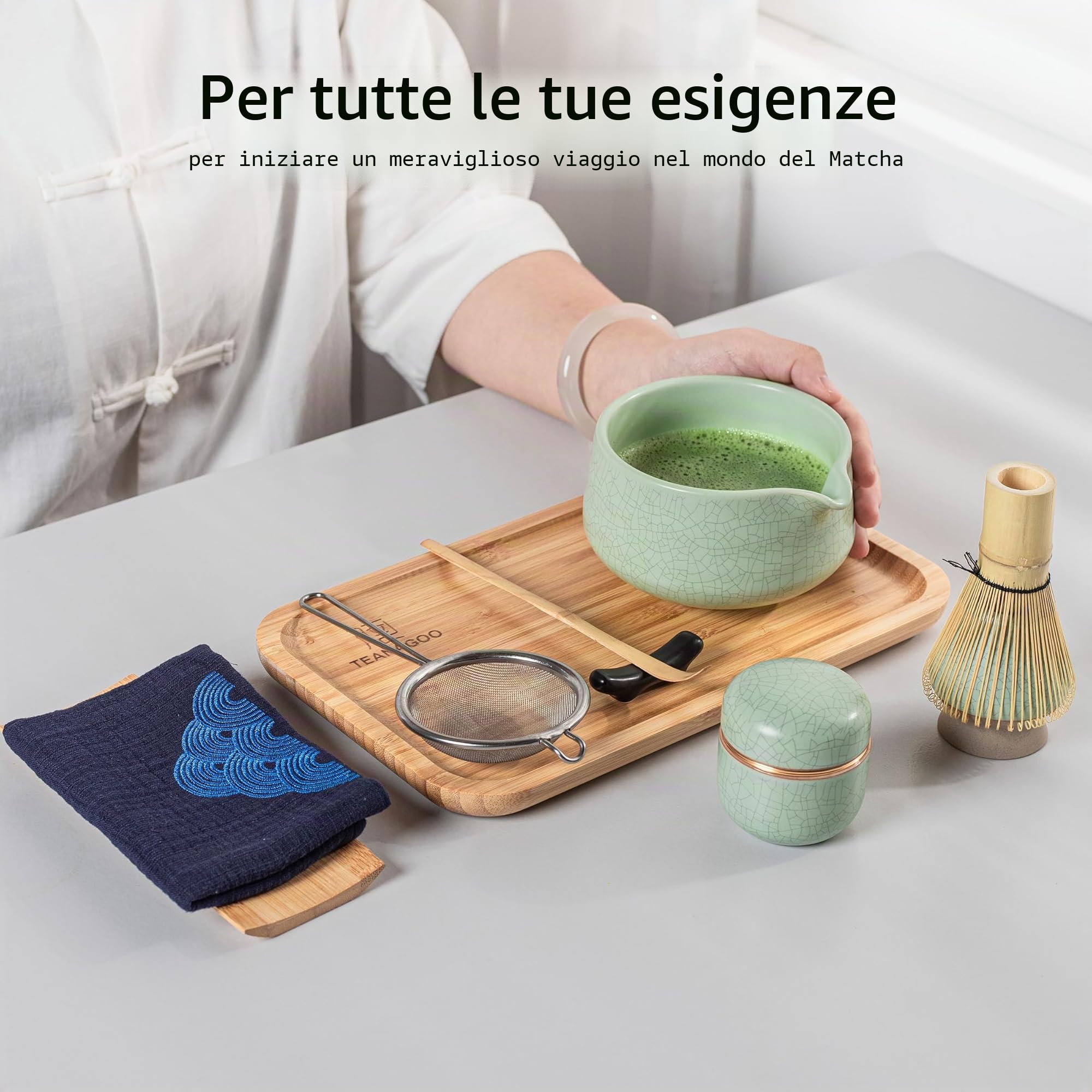 TEANAGOO Matcha, set di frusta per matcha, in bambù (chasen), cucchiaio (chashaku), porta frusta per matcha, set per preparare il tè. O38, kit per tè verde in polvere