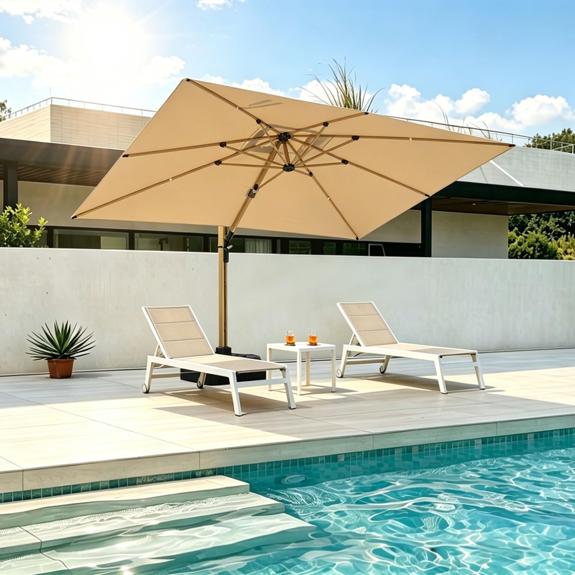PURPLE LEAF Outdoor Chaise Lounge Set of 4, Padded Foam, White Frame, Beige