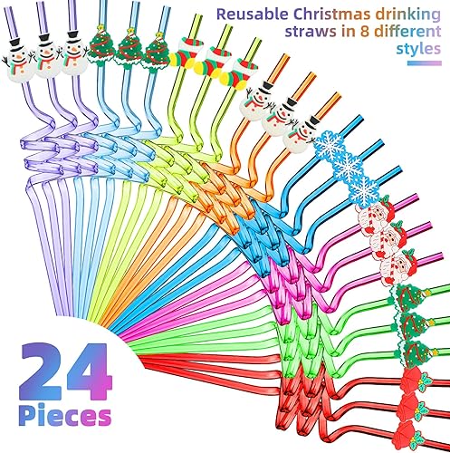 Miniatura 2 de 24 pajitas de plástico reutilizables para fiestas temáticas de Navidad, muñeco de nieve de Papá Noel, árbol de Navidad, baby shower, pajitas