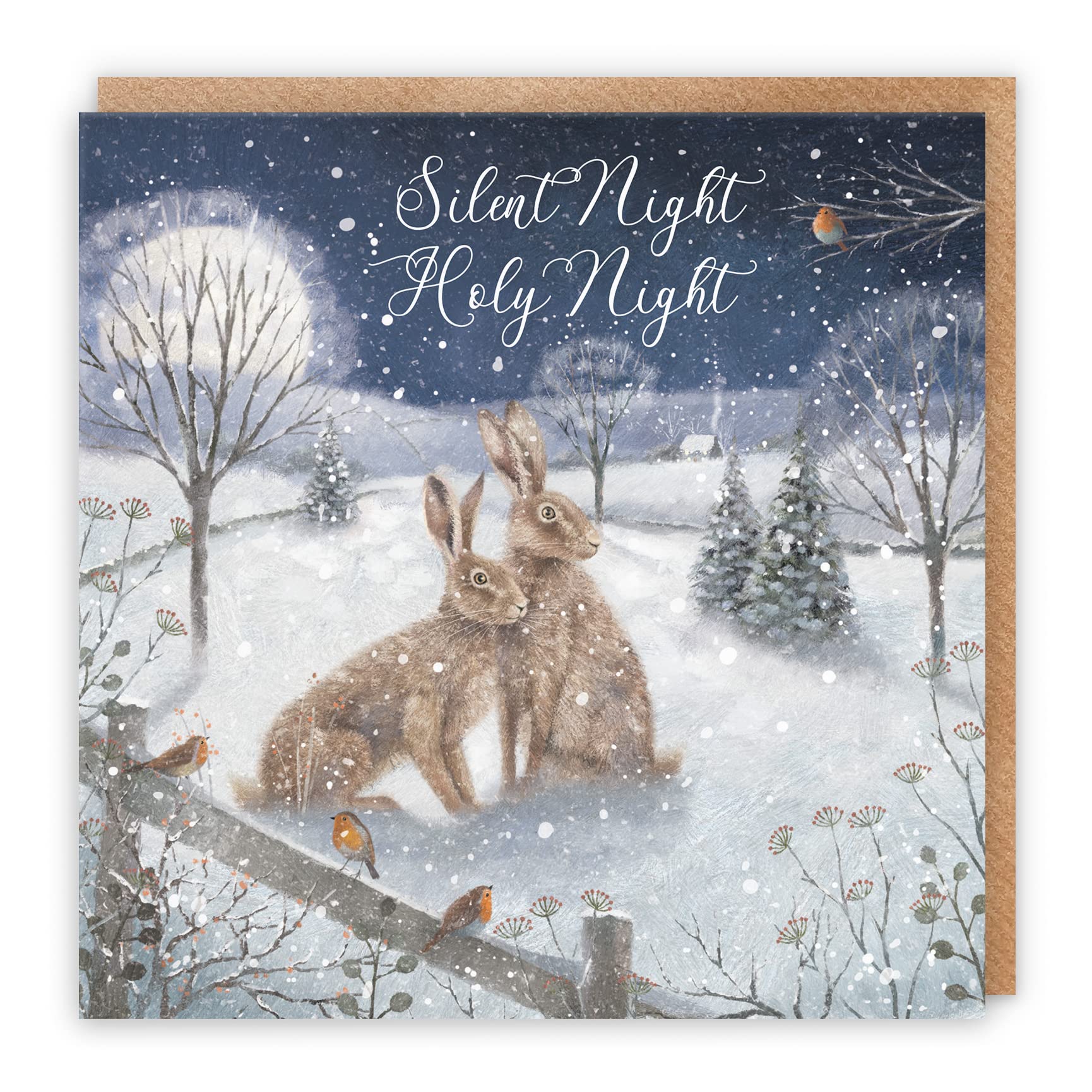 Hunts England, Individual Christian Religious Christmas Card, Silent Night Holy Night, 'Snowy Hares', Christmas Carol