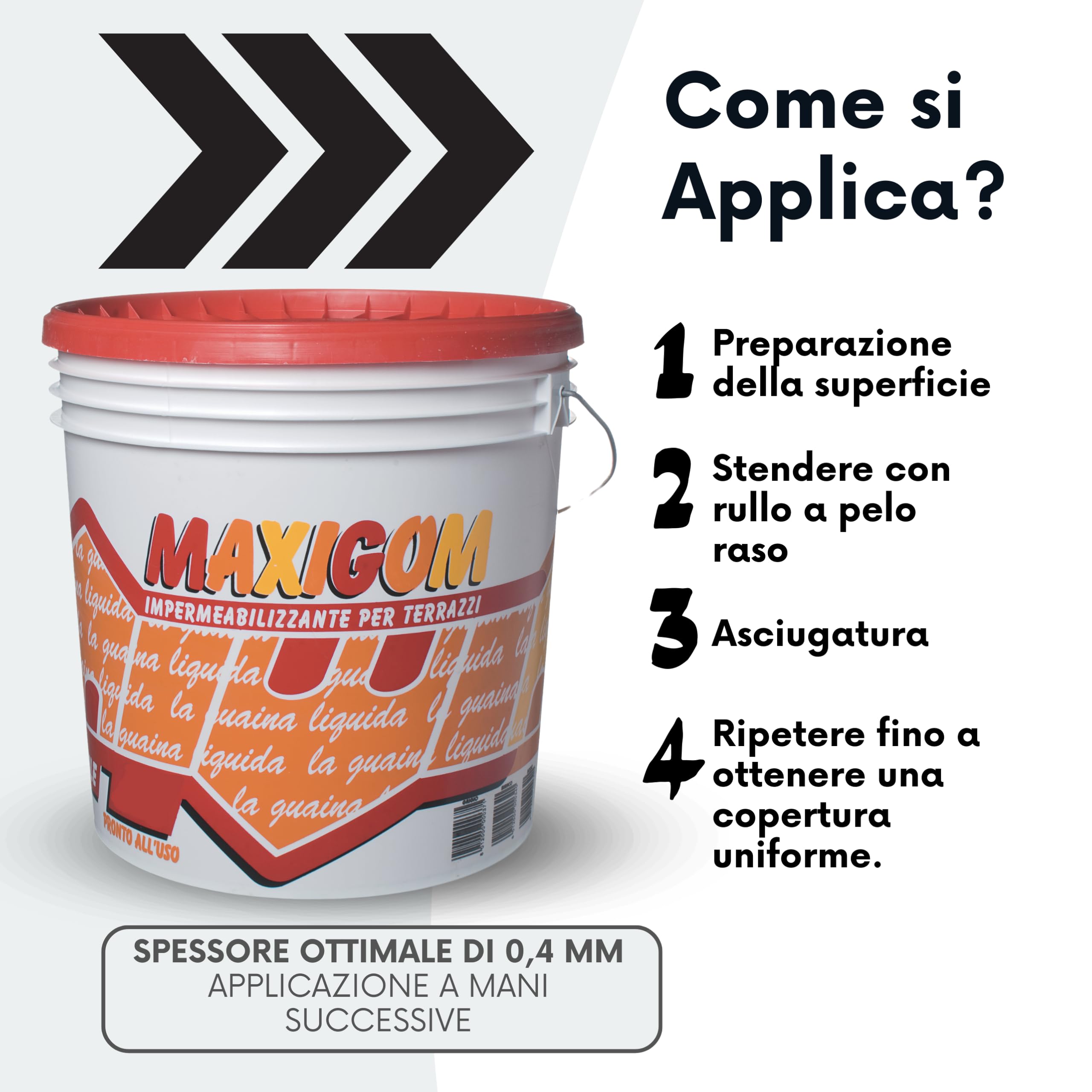 Guaina Liquida Impermeabilizzante Acrilica, Per Terrazzi E Superfici Pedonabili, Consistenza Cremosa E Pellicola Gommosa, Spessore Consigliato 0,4 Mm, Rapida Asciugatura (4 Litri)
