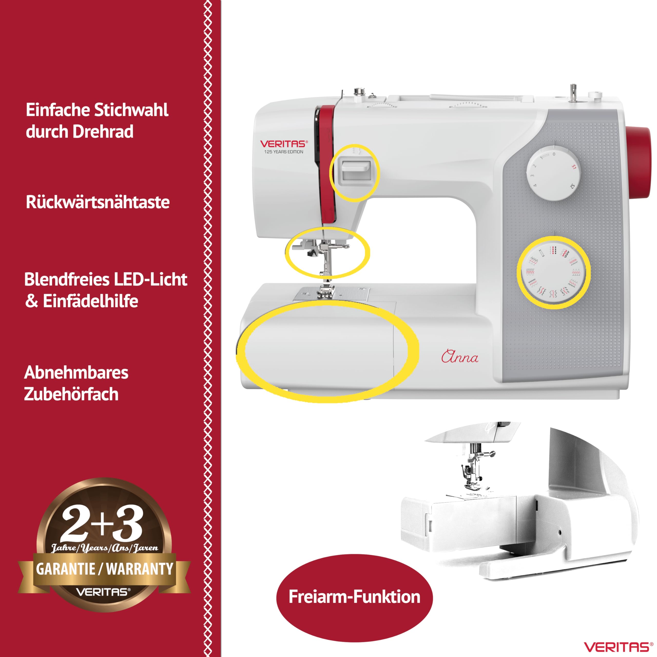 VERITAS Anna Freiarm-Nähmaschine mit Fußpedal – 32 Stiche, Einfädelhilfe, Auto-Fadenspannung, Fadenabschneider, LED-Nählicht, Stichlänge & Stichbreite einstellbar