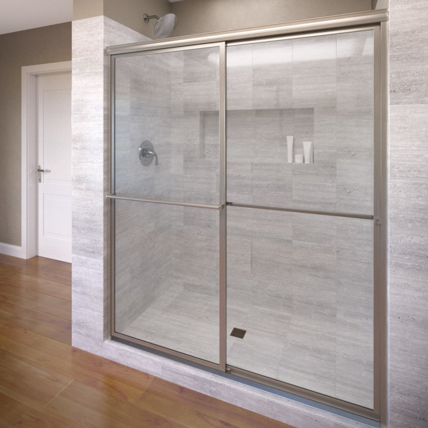 Basco Shower Door Deluxe Framed Sliding Fits 56-59 inch opening, Clear Glass, Brushed Nickel Finish