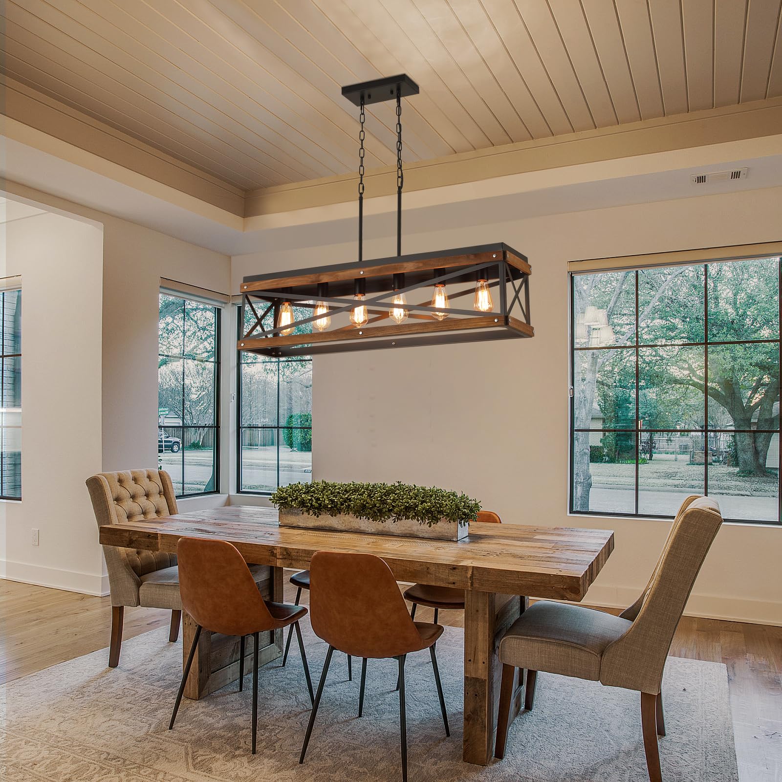 RKUCSR Rustic Farmhouse Wood Kitchen Island Lighting, 6 Lights Rectangular Penda — product photo