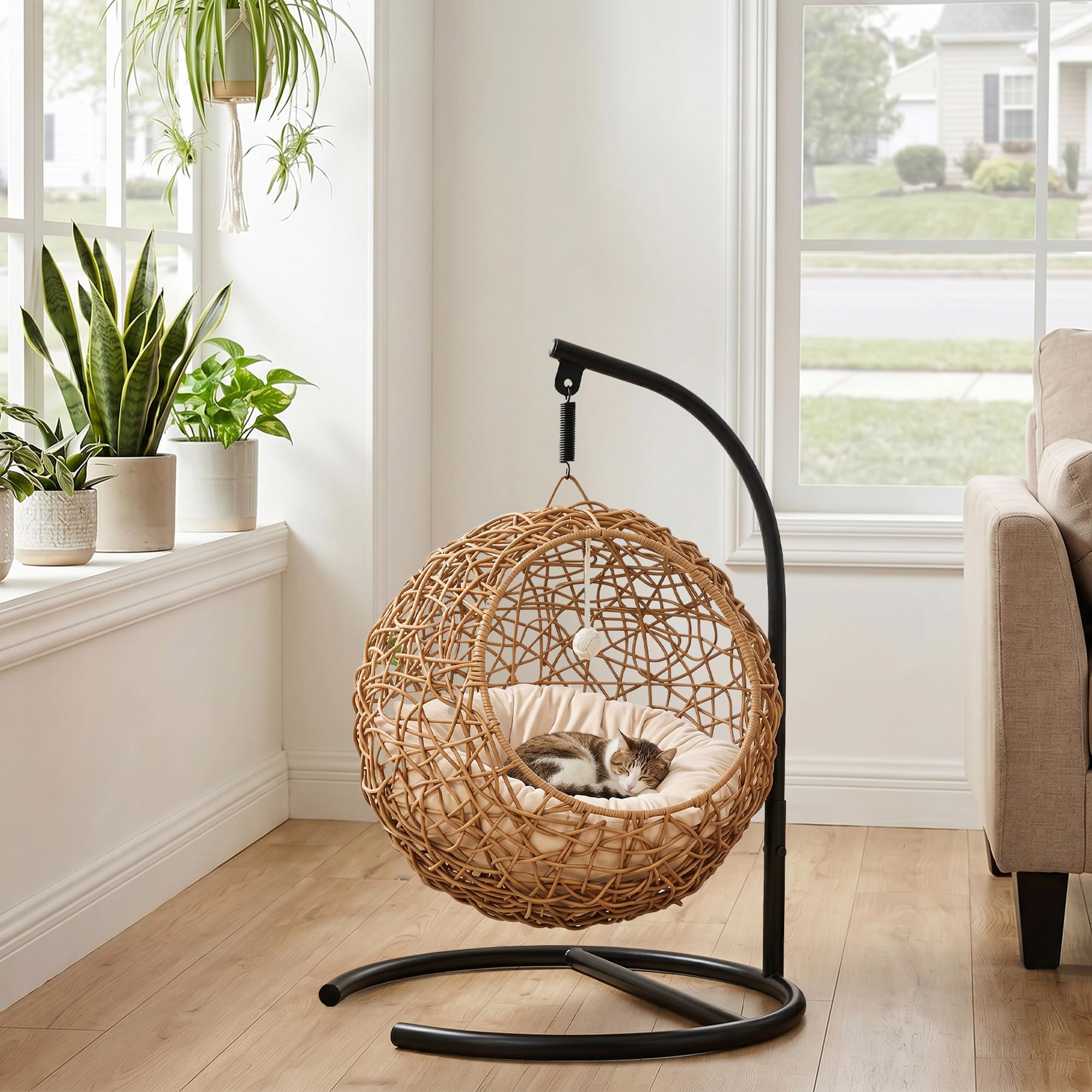 PawHut Cama para gatos de ratán con cojín lavable y pelota de juego, cesta colgante con estructura, casa para gatos de hasta 10 kg, 45 x 41 x 75 cm, marrón claro