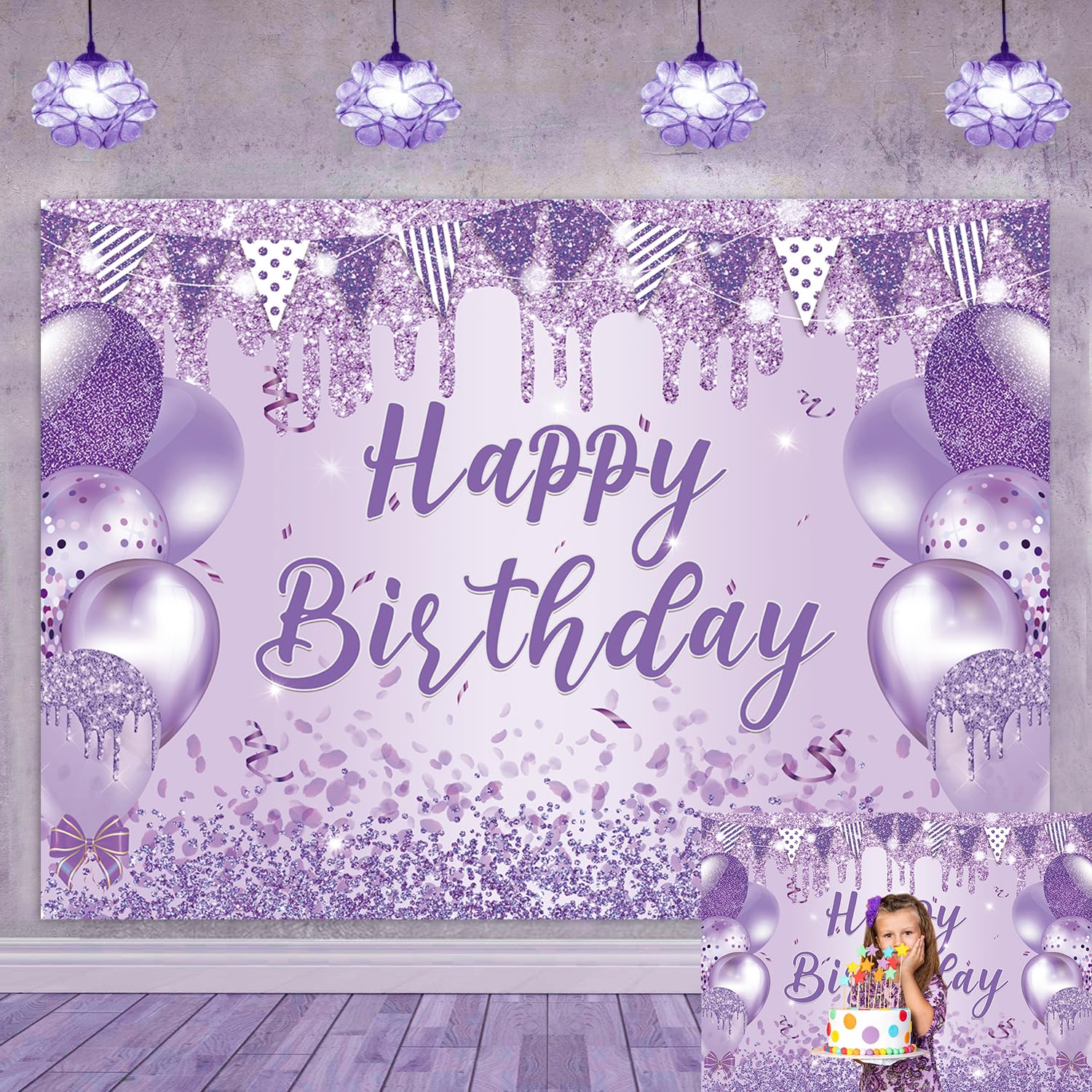 Purple Happy Birthday Backdrop Glitter Shinning Balloon Purple and Silver Birthday Photography Background for Women Girls Sweet 16th 18th 21th
