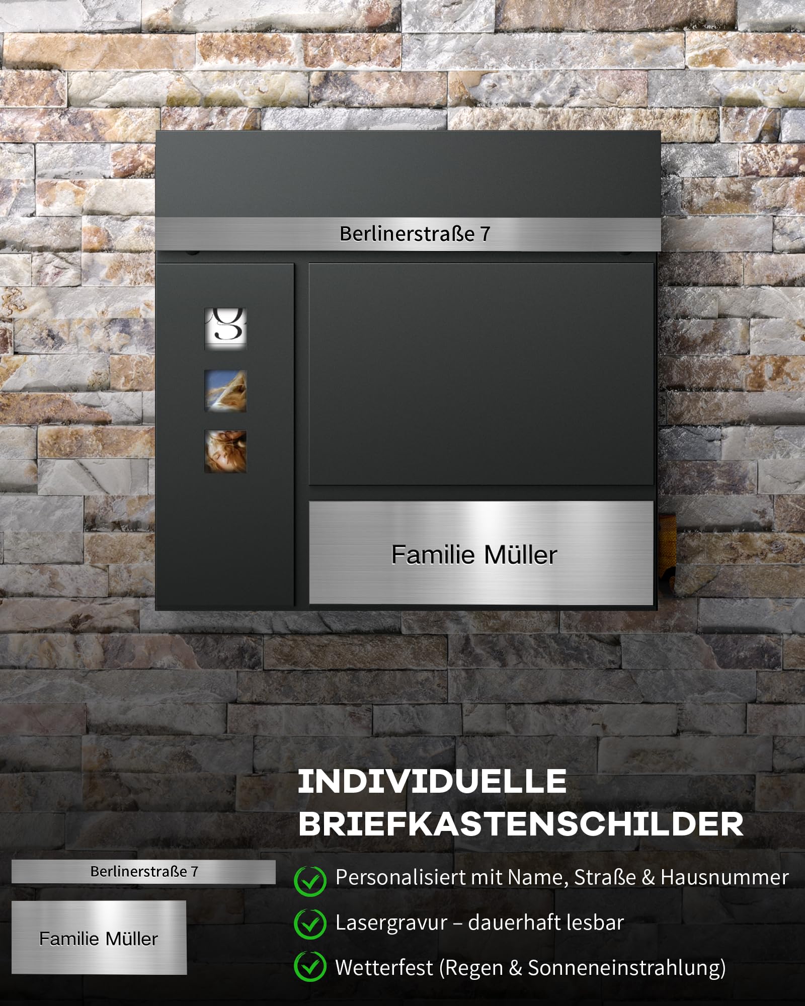 Briefkasten Anthrazit mit Gravur, Personalisiert Individualisierbarer Postkasten 2-in-1 Rostfreier Edelstahl Namensschild & Hausnummer inkl. Zeitungsfach & Schloss (2 Schlüssel)