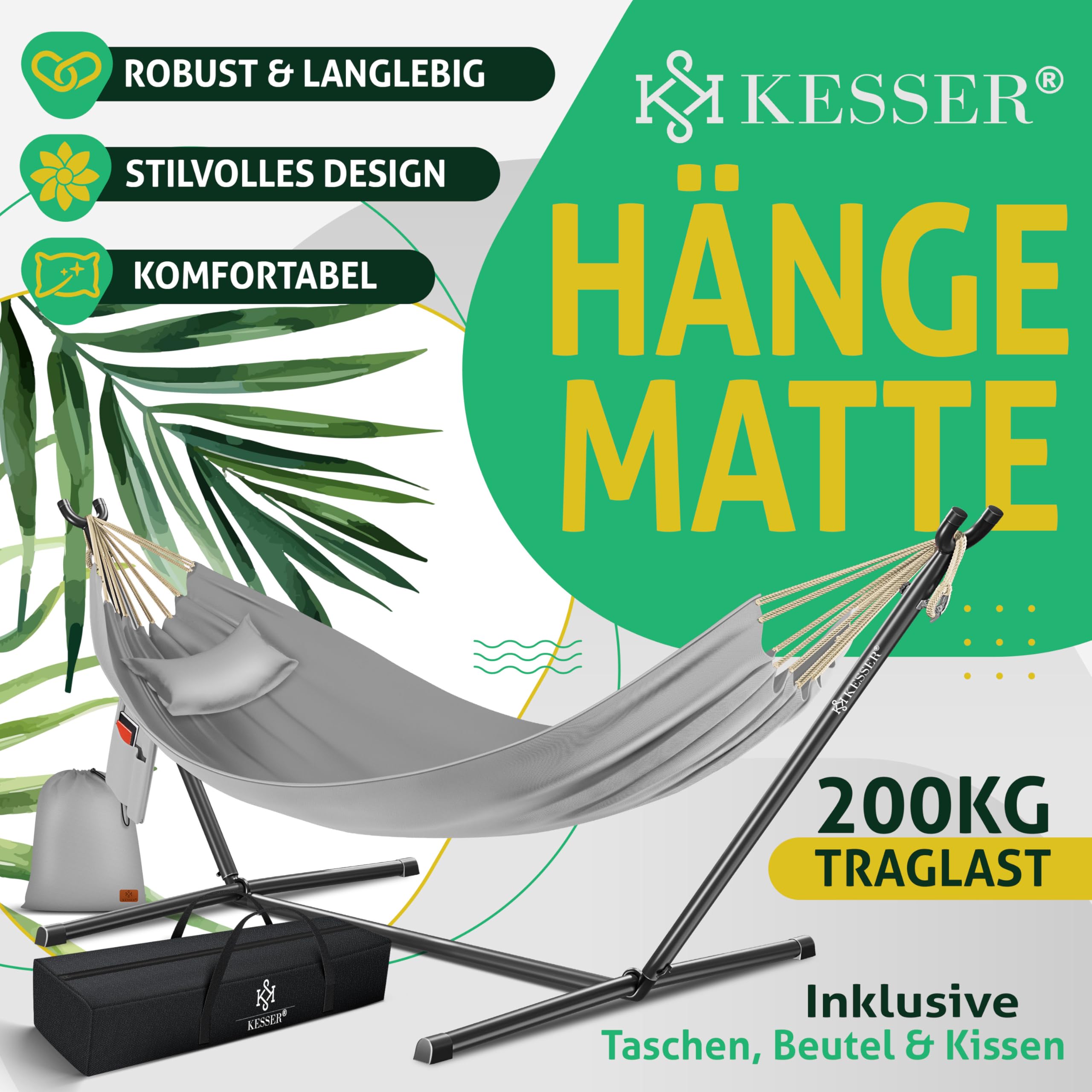 KESSER® Amaca HILL con telaio e cuscino - doppia amaca per 2 persone - solida struttura - capacità di carico 200 kg - per esterni ed interni - poltrona sospesa XXL doppia o multi-persona, Grigio