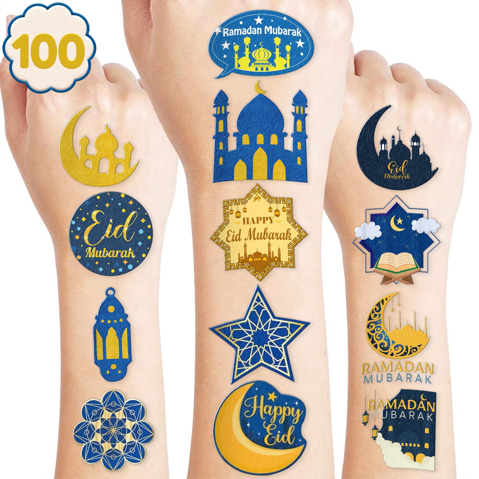 Eid Mubarak Temporary Tattoos 10 Sheets 100 PCS Ramadan Kareem Party Decorations Favors Supplies Themed Birthday Stickers Christmas Gifts for Boys