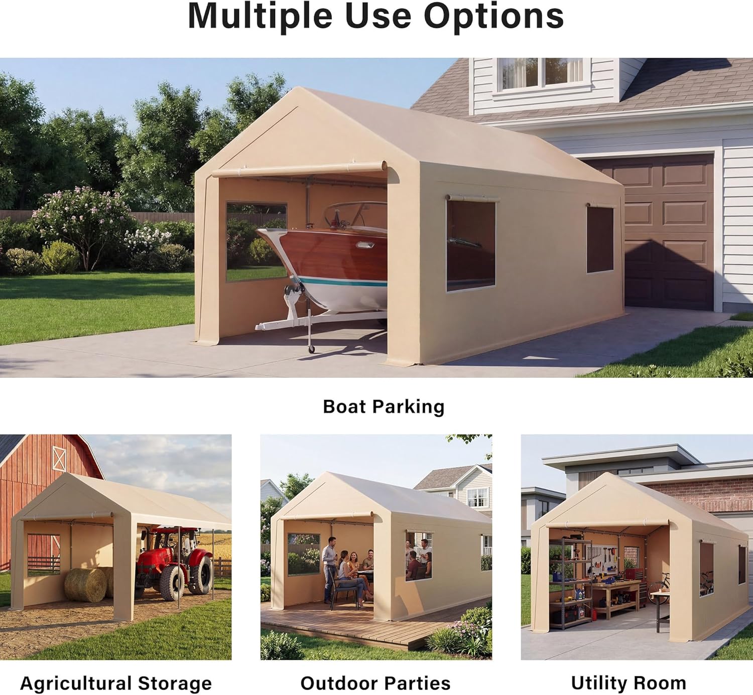 LAUSAINT HOME 10x20FT Portable Carport, Heavy-Duty Outdoor Car Shelter with Removable Sidewalls, Doors & Ventilated Roll-Up Windows, Garage Tent for Car, Boat & Truck, Khaki