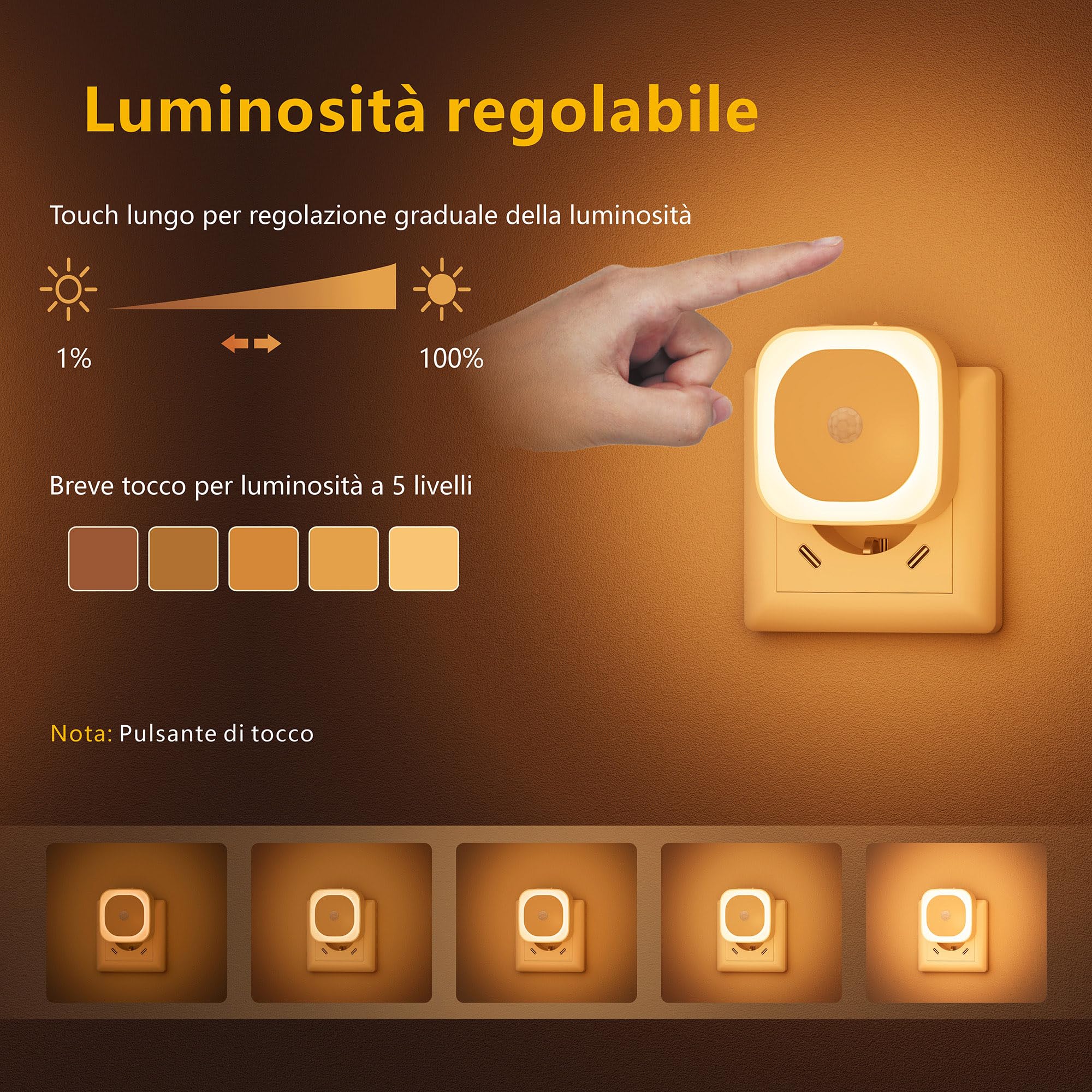 YUNLEX Luce Notturna da Presa con Sensore di Movimento, 3 modalità di sensore, [2 Pezzi] luci notturne dimmerabili per Camera dei Bambini, Bagno, Cucina, Scale, camera da letto, Ambra