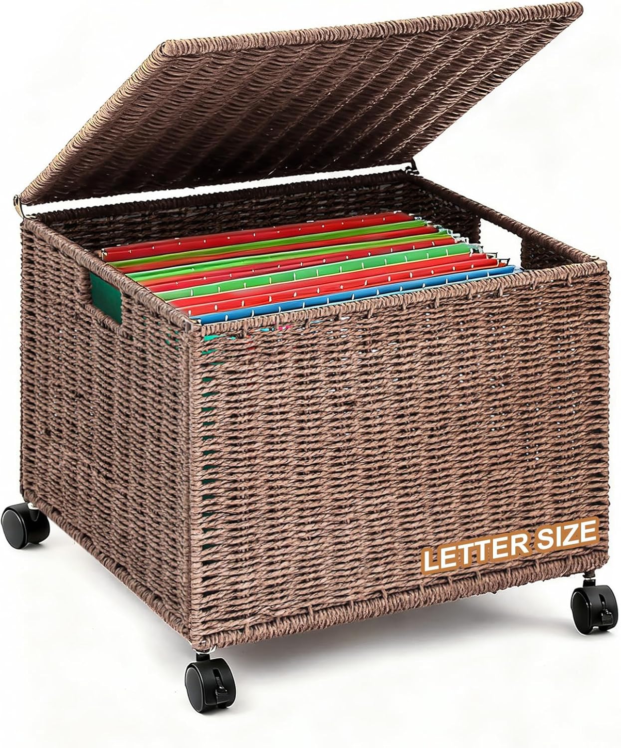 Cinnvoice Decorative Rolling File Cabinet 14 x 12 x 11.5 in Seagrass Wicker File Box Organizer for Letter & Legal Size Handwoven Hanging Filing Basket with Lid for Folder Home Office Decor Dark Brown