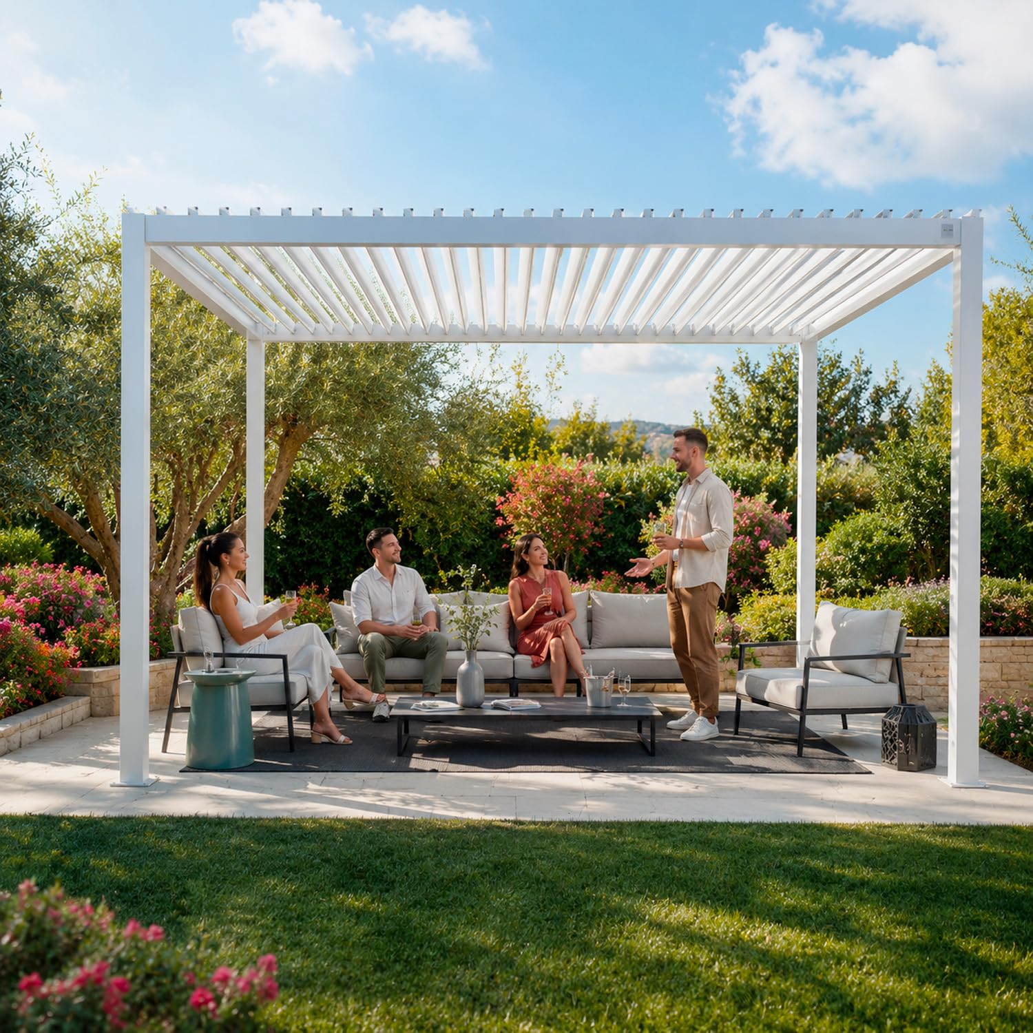 Pergola Bioclimatica 3x4 Metri Gazebo Con Tetto A Lamelle Orientabili Sistema Di Drenaggio Struttura In Alluminio E Acciaio Resistente Ai Raggi UV Per Esterni Bianco Opaco