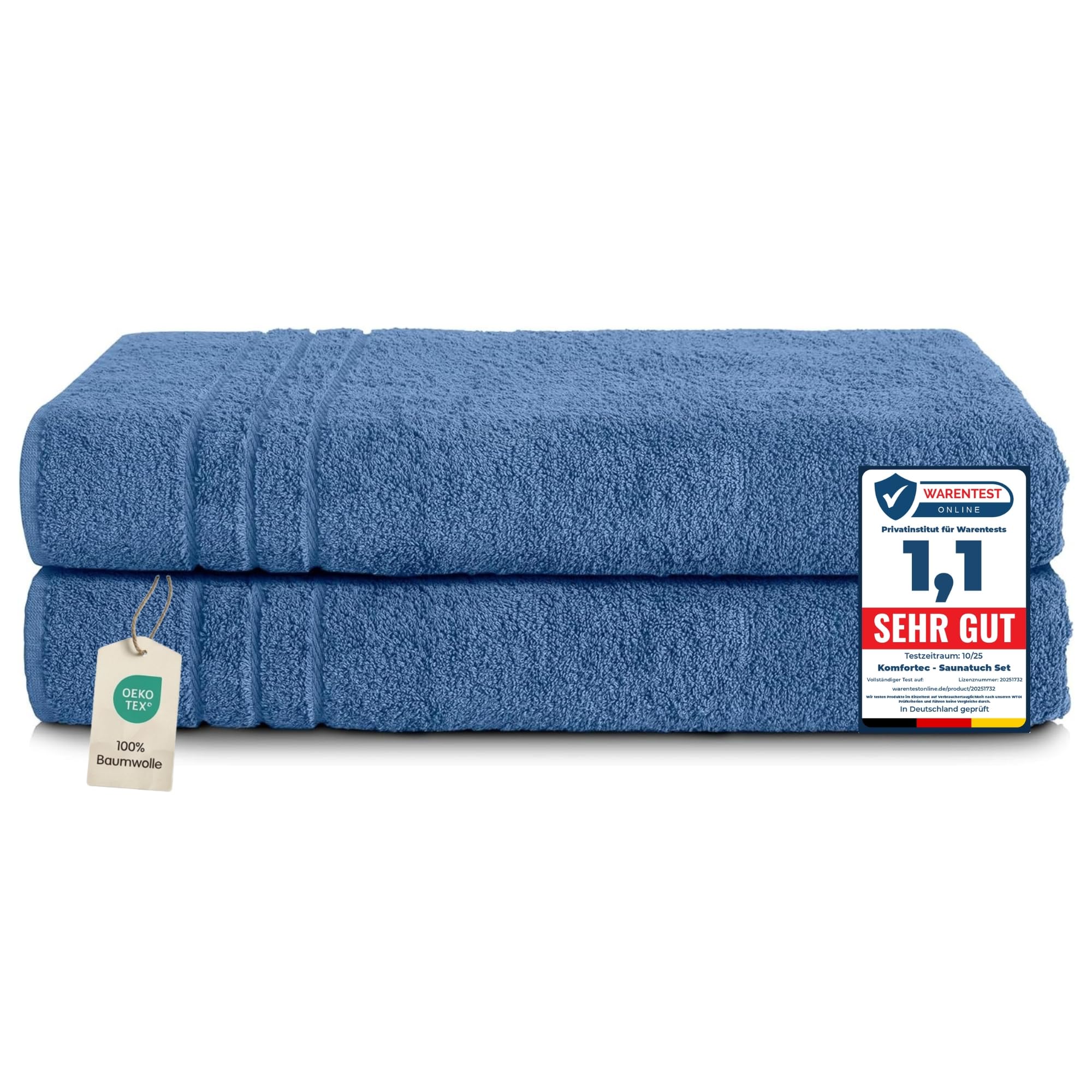 Komfortec Juego de 2 Toallas de Sauna 80 x 200 cm, 100% Algodón, Toallas XXL para Sauna, Suaves, Grandes, de Rizo y de Secado Rápido, Azul Claro
