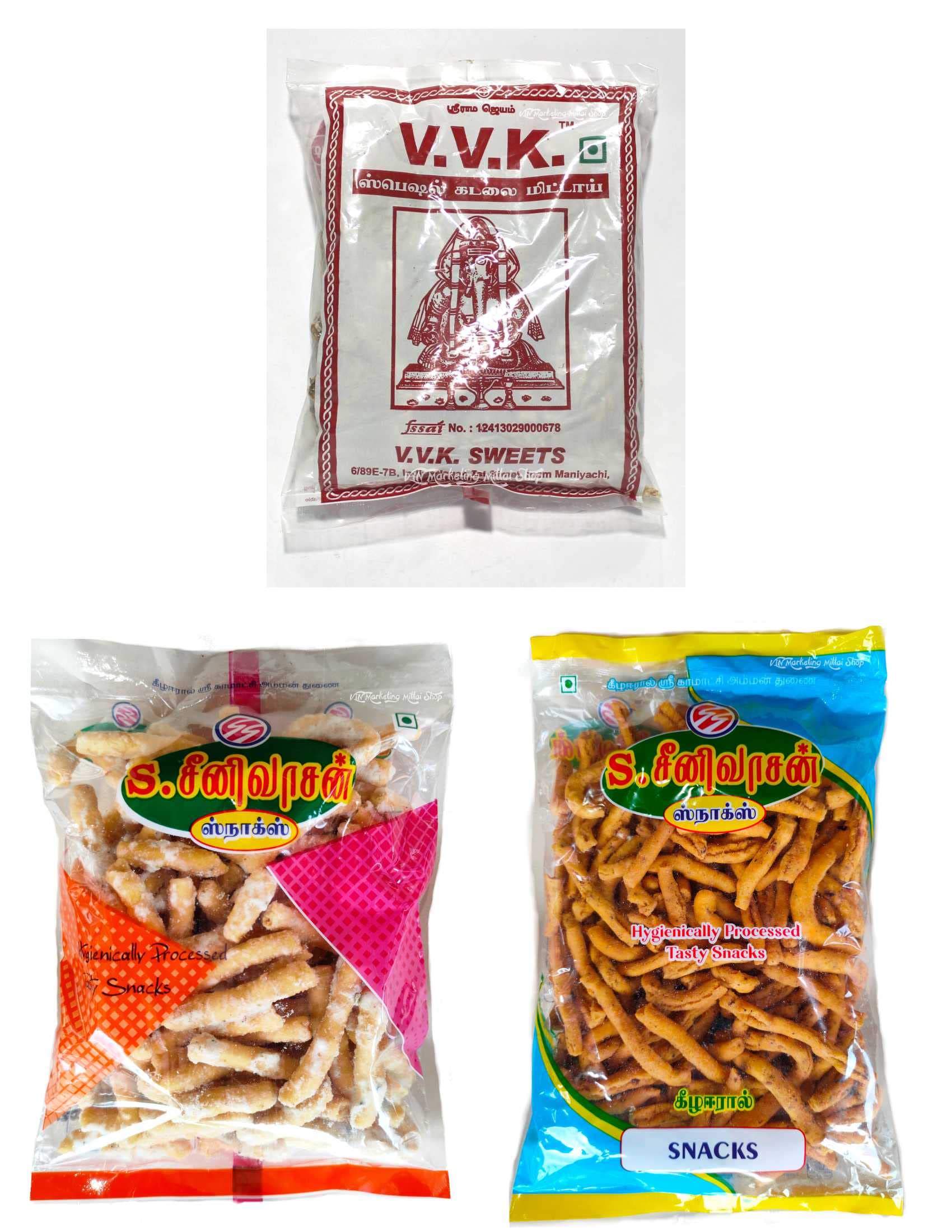 S SEENIVASAN Special Sweet Sev 250g | Special Pepper Sev 250g | V.V.K Kovilpatti Kadalai Mittai (Groundnut Chikky - 250g) - Pack of 3 (750g)