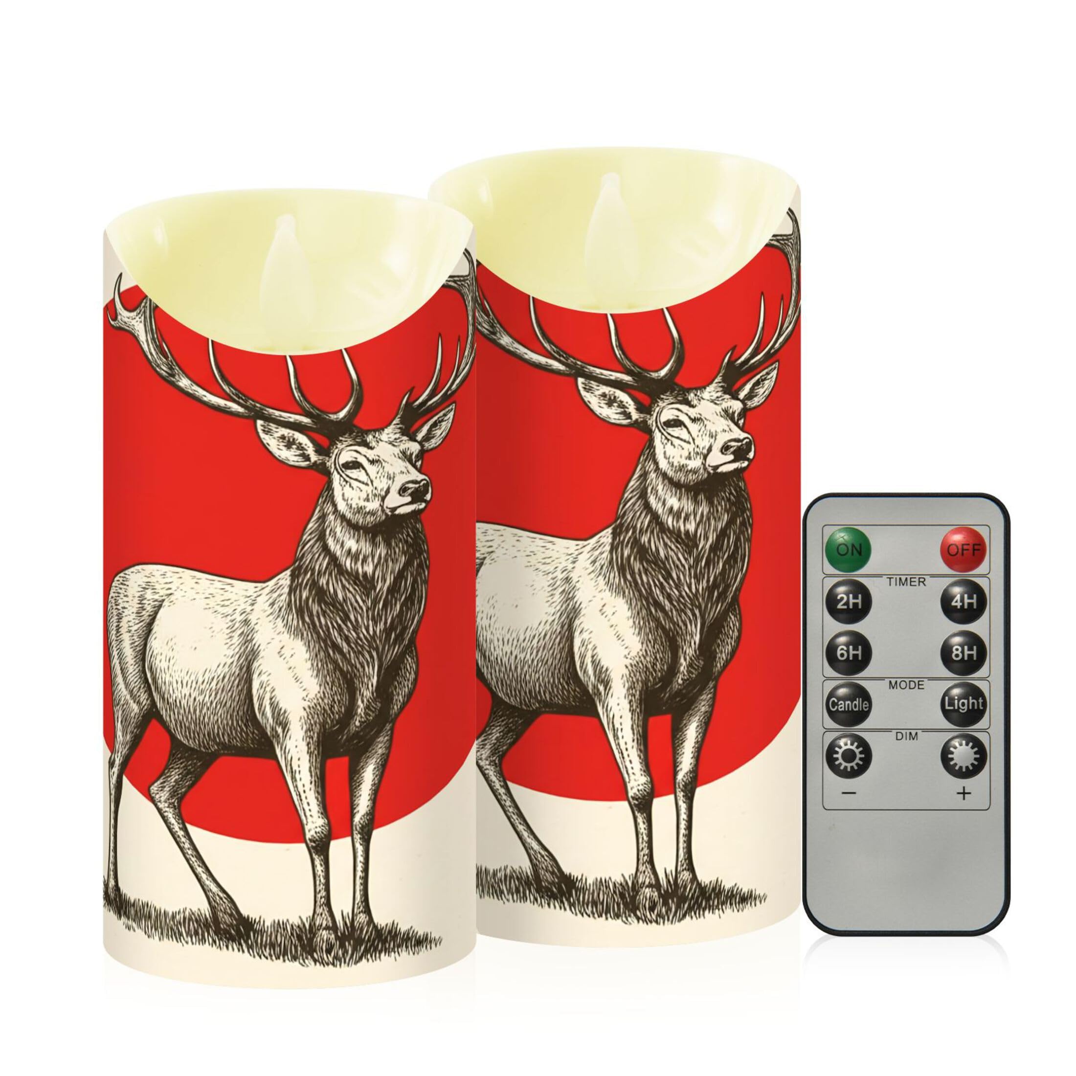 Kutsu Reindeer Flameless Candles Set of 2, Battery Operated LED Flickering Candles with Remote and Timer, Plastic Pillar Candles for Home Wedding Decor