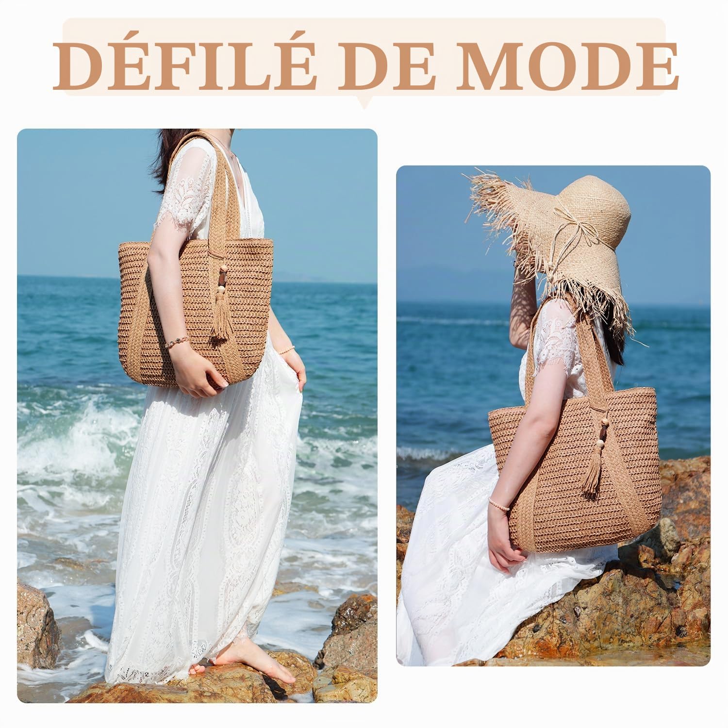 EVEOUT Sac à bandoulière en paille pour Femmes Filles Sac à main d'été en paille Cabas Sac de plage tissé pour vacances voyages(Marron clair 02)