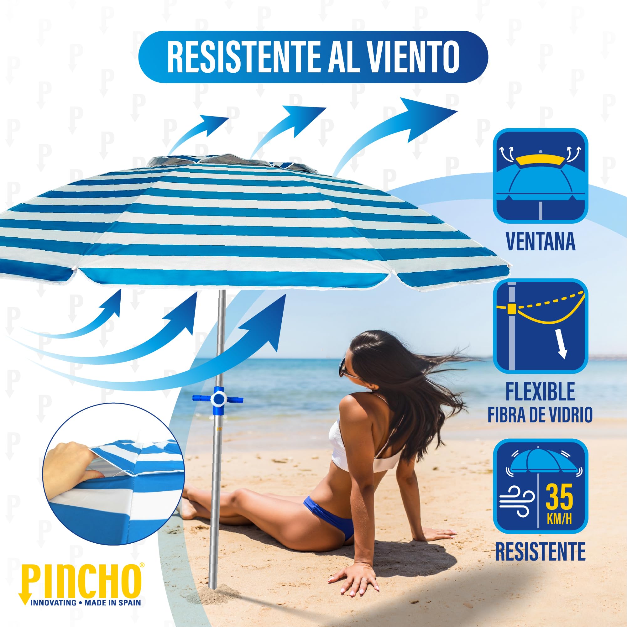 Pincho Sombrilla Playa Grande 220 cm, Antiviento hasta 35km/h, Protección UV 50, Materiales de Calidad, Tubo de Aluminio, 8 Varillas de Fibra, Palo reclinable