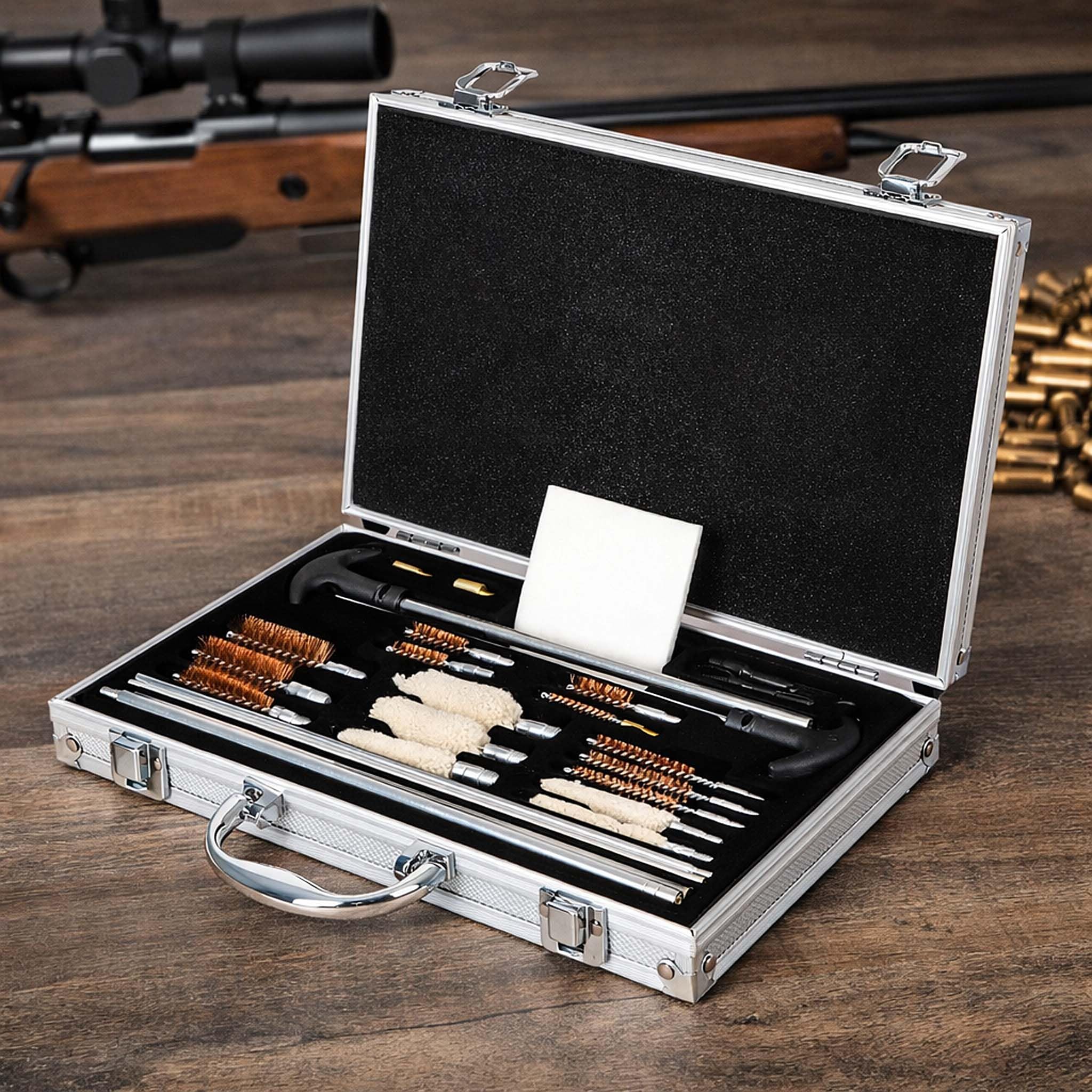 WilTec Set de Limpieza de Armas 100 Piezas en maletín de Transporte Rifles Escopetas Pistolas Caza Armerías