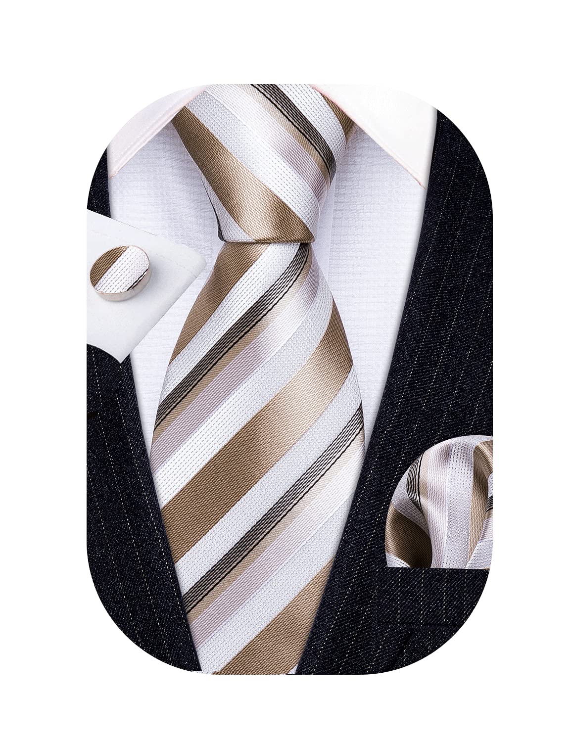 Barry.WangMan Stripe Ties Set Silk Woven Pocket Square Necktie Cufflinks Formal Party Business