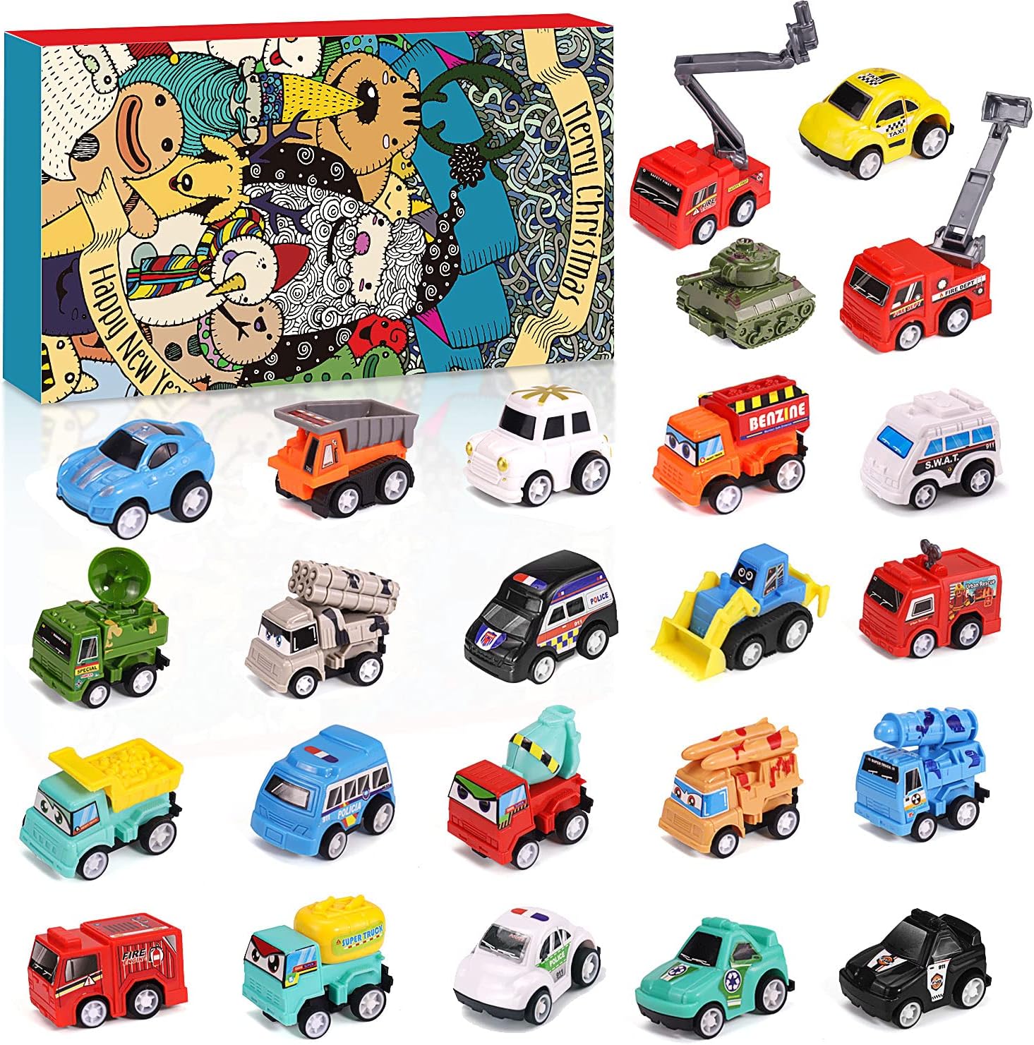 Christmas Advent Calendar 2021 with Pull Back Car Toys, Kids Advent Calendar with 24 PCS Friction Powered Vehicle Count Down to Christmas for Toddler Boys Girl Xmas Gifts Holiday Party Favor