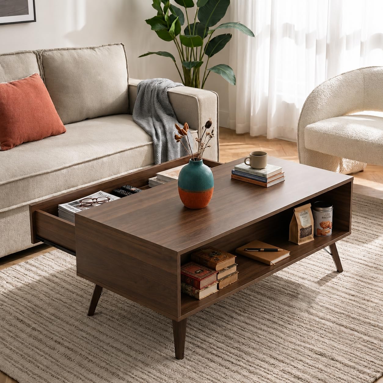 Modus Engineered Wood Coffee Table with Hidden Storage Drawer | Modern Center Table for Living Room | Minimalist Tea Table with Spacious Storage | Dark Walnut Finish-image-15