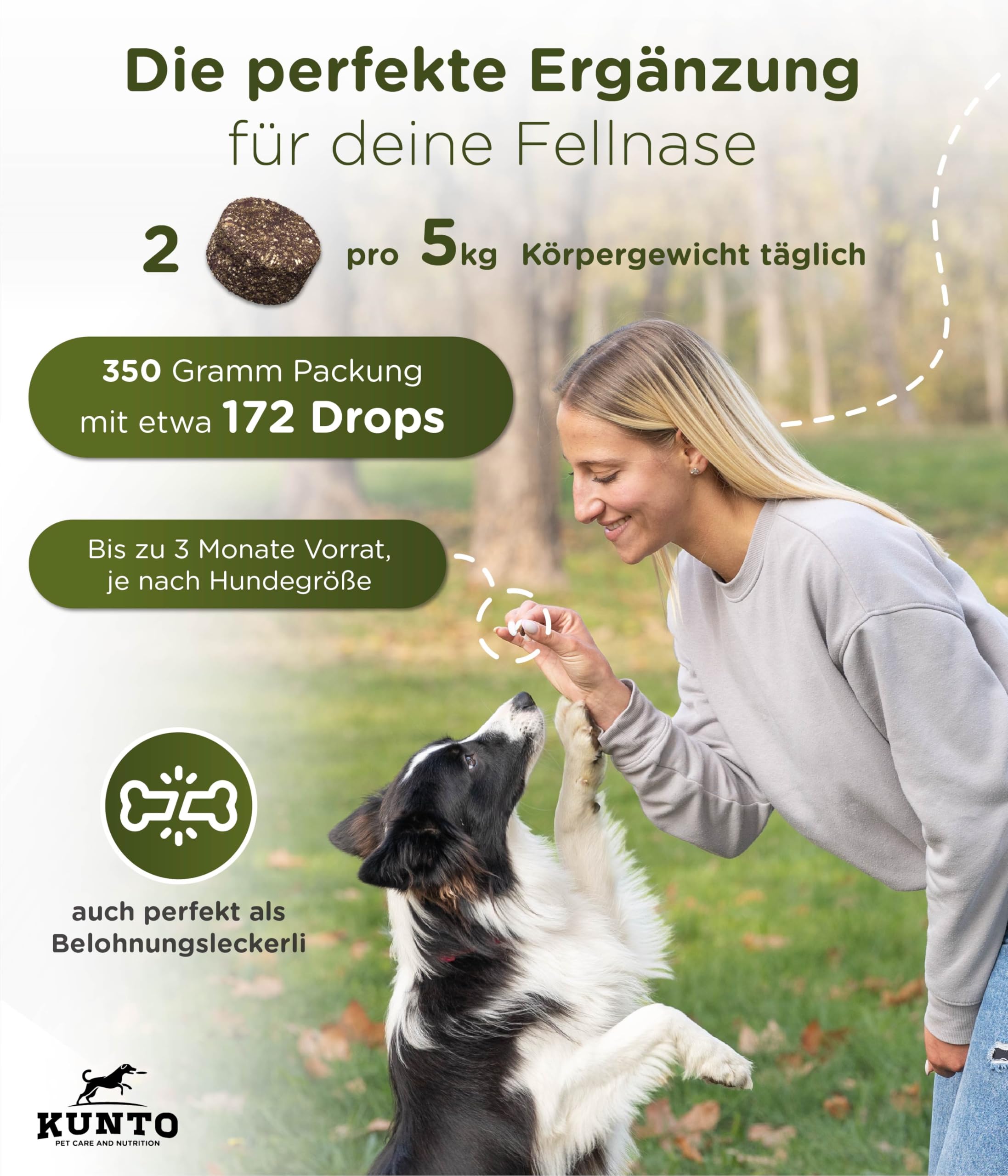 KUNTO® Gras und Kotfresser Drops Hund – Grasfresser und Anti-Kotfressen Hilfe bei Sodbrennen, Übersäuerung und Magenschutz – Natürliche Kräuter, Rindfleischgeschmack – Deutsche Herstellung (350g)