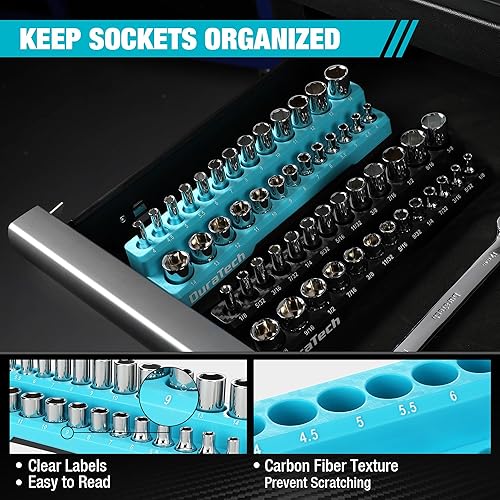 Miniatura 6 de DURATECH Juego de llave de trinquete rechoncha de 1/4 pulgadas y organizador de llaves magnéticas, 1/4 de pulgada SAE y soportes métricos para caja