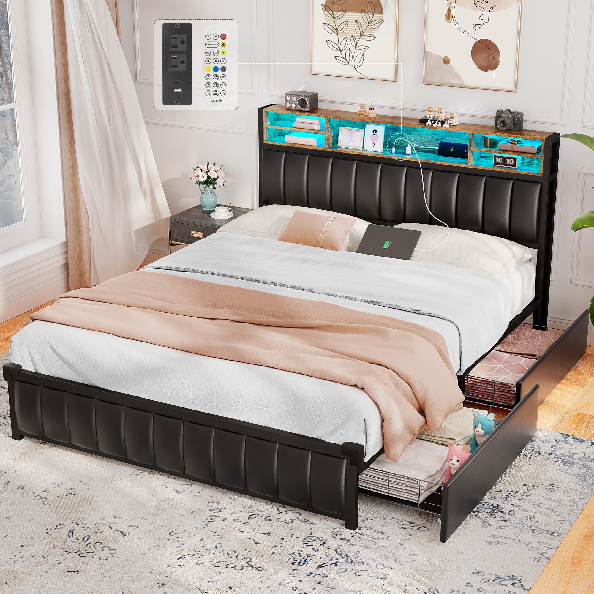 INCOMPLETE Alohappy Queen Bed Frame with 4 Storage Drawers and Bookcase Headboard, Upholstered Platform Bed Frame Queen with USB-C & USB Charging Station and LED Lights, No Box Spring Needed, Black