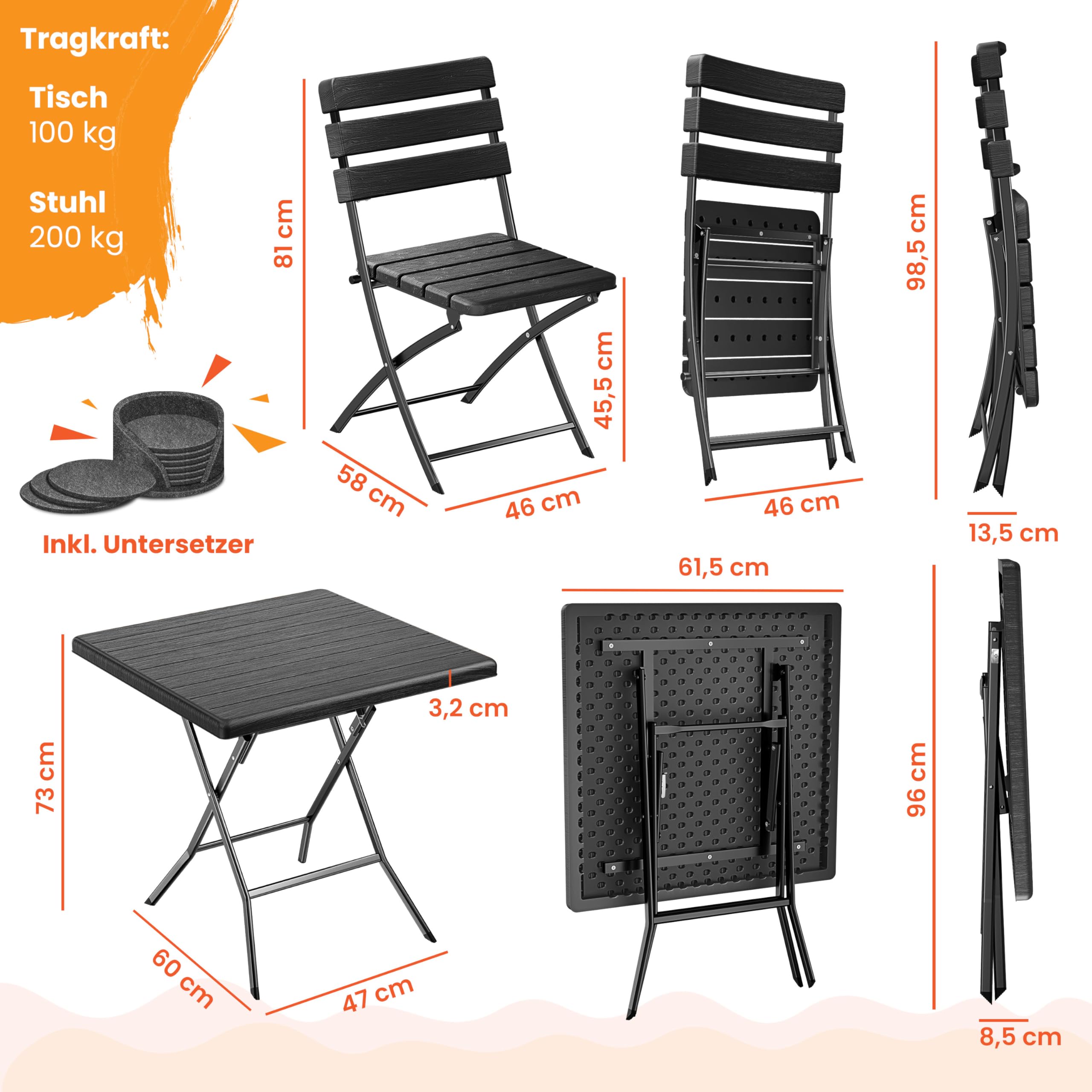 KESSER Ensemble de Bistrot 3 Pièces Pliable Acier Bois Balcon Résistant Intempéries UV