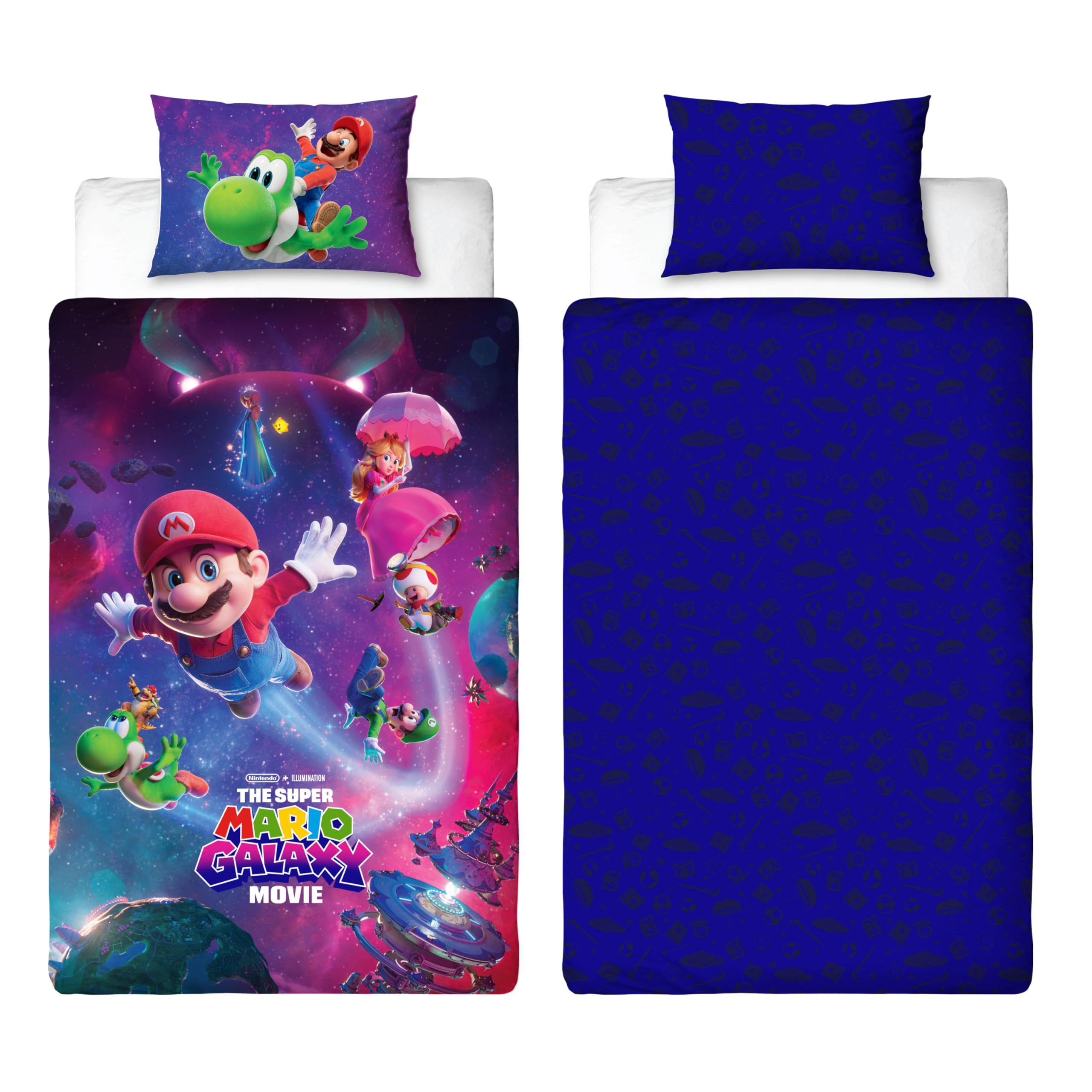 The Super Mario Galaxy Movie Officially Licensed Single Duvet Cover Set | Super Design | Black Reversible 2 Sided Bedding Cover Official Merchandise Including Matching Pillow Case | Multicolour