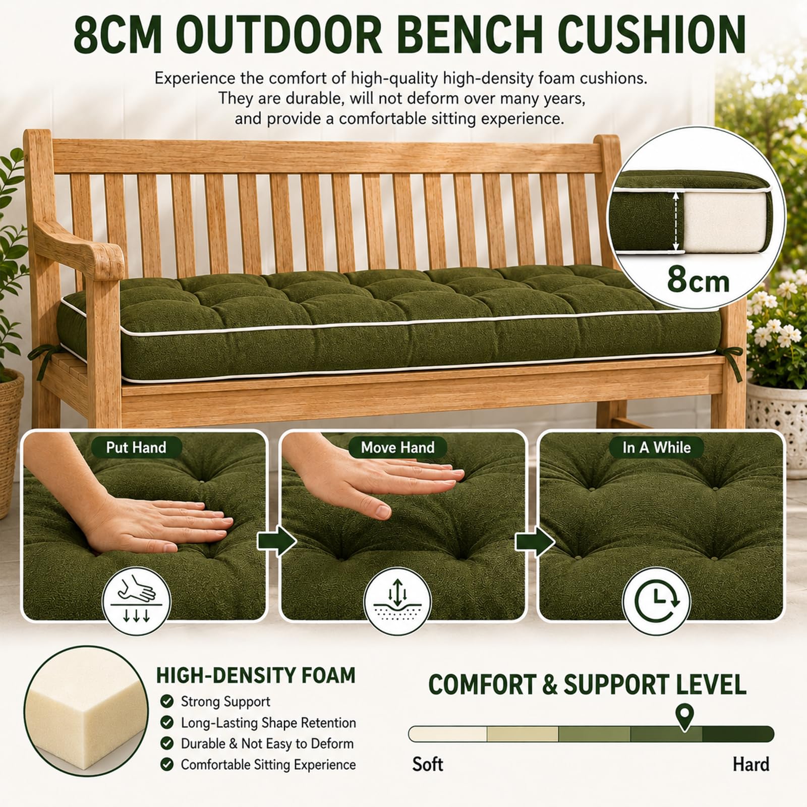 Cuscino Panca 8cm, Cuscino per panchina da Esterno Impermeabile. Imbottitura in Cotone PP, 2 Cinghie, Ideale per Giardino. Sottovuoto di qualità Premium.,Verde,100x30x8cm