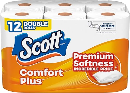 Scott ComfortPlus Toilet Paper, 12 Double Rolls, 231 Sheets per Roll, Septic-Safe, 1-Ply Toilet Tissue