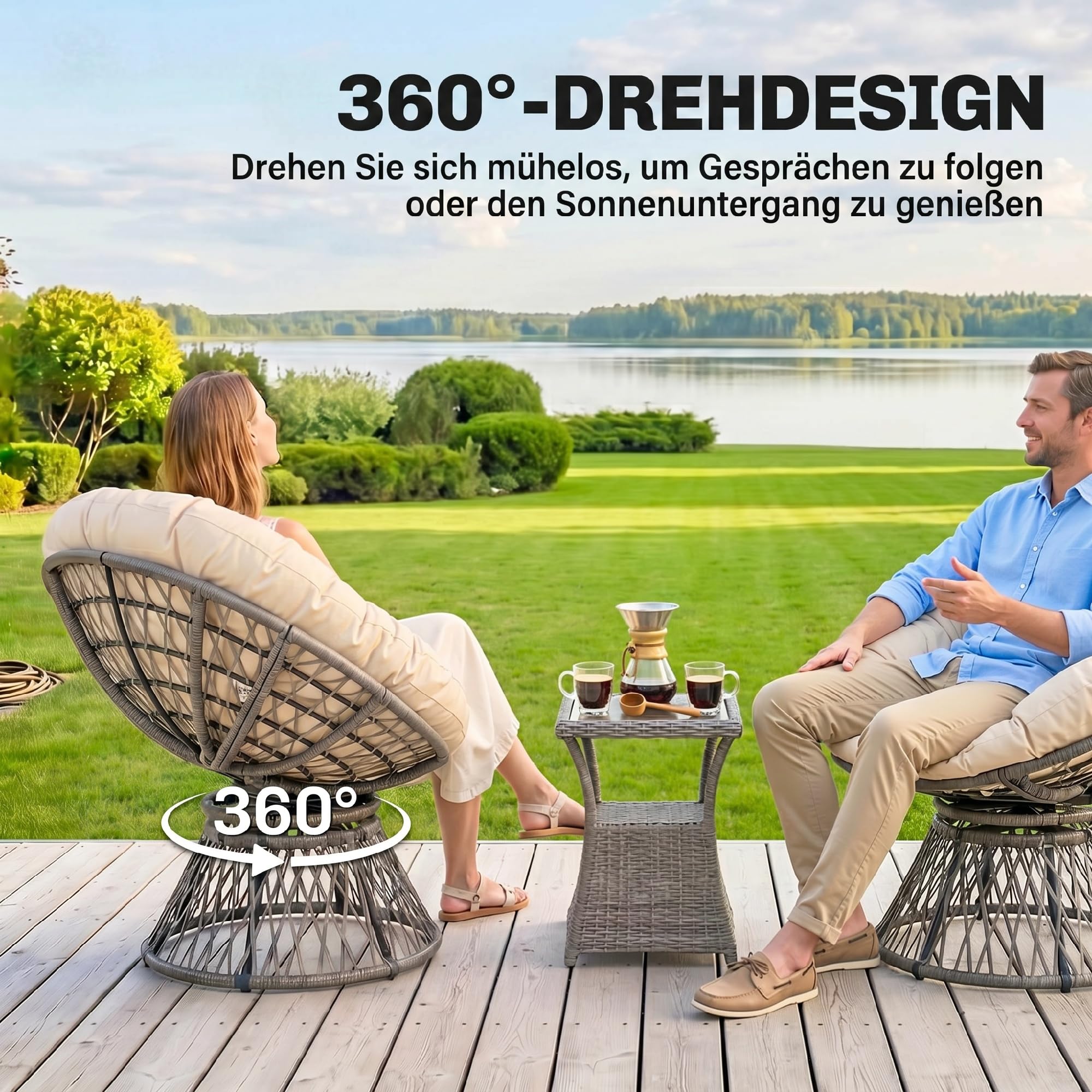 Outsunny Fauteuil Rond de Jardin Fauteuil papasan pivotant Grand Confort Ø 97 x 90H cm Grand Coussin fourni Polyester résine tressée crème