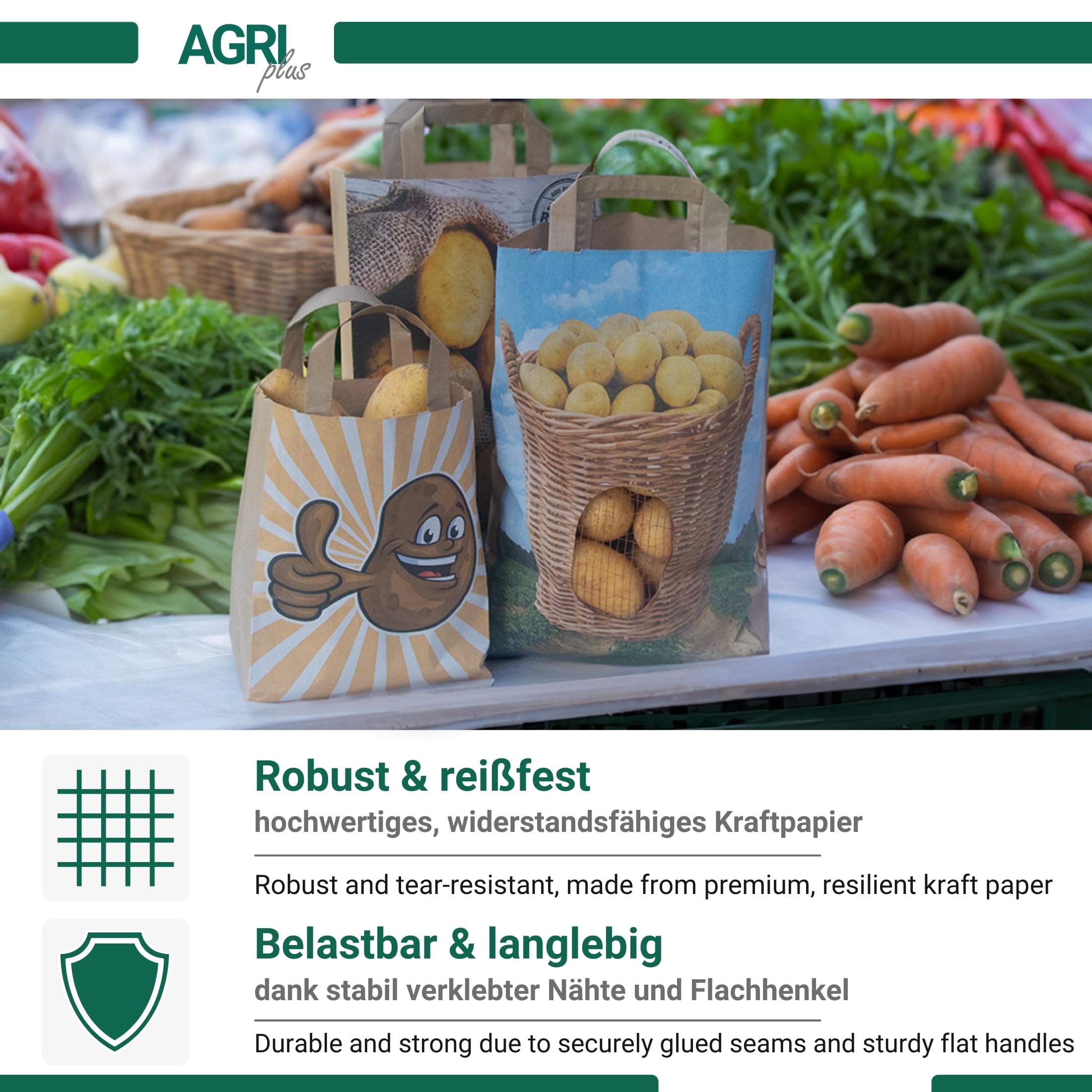 AGRI plus Kartoffeltüten "Kartoffeln aus der Region" 5 kg I 250 Stück I Biologisch abbaubare Papiertragetaschen in 220 x 100 x 360 mm I Robuste Kartoffeltragetaschen aus 90 g/m² Kraftpapier