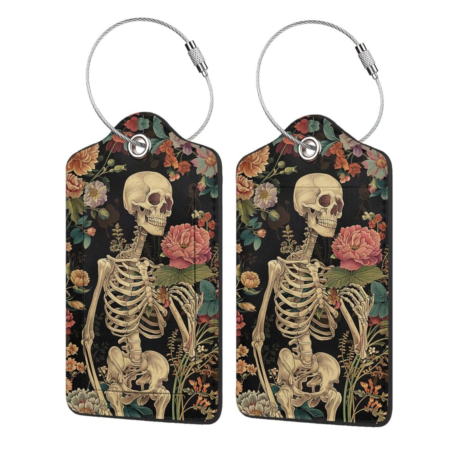 Xzyopcwx Smiling Rose Skull 2-Pack Leather Luggage Tag Set, Travel Luggage Tags with Privacy Id Label, Stainless Steel Ring and Address Card for Men and Women Travel